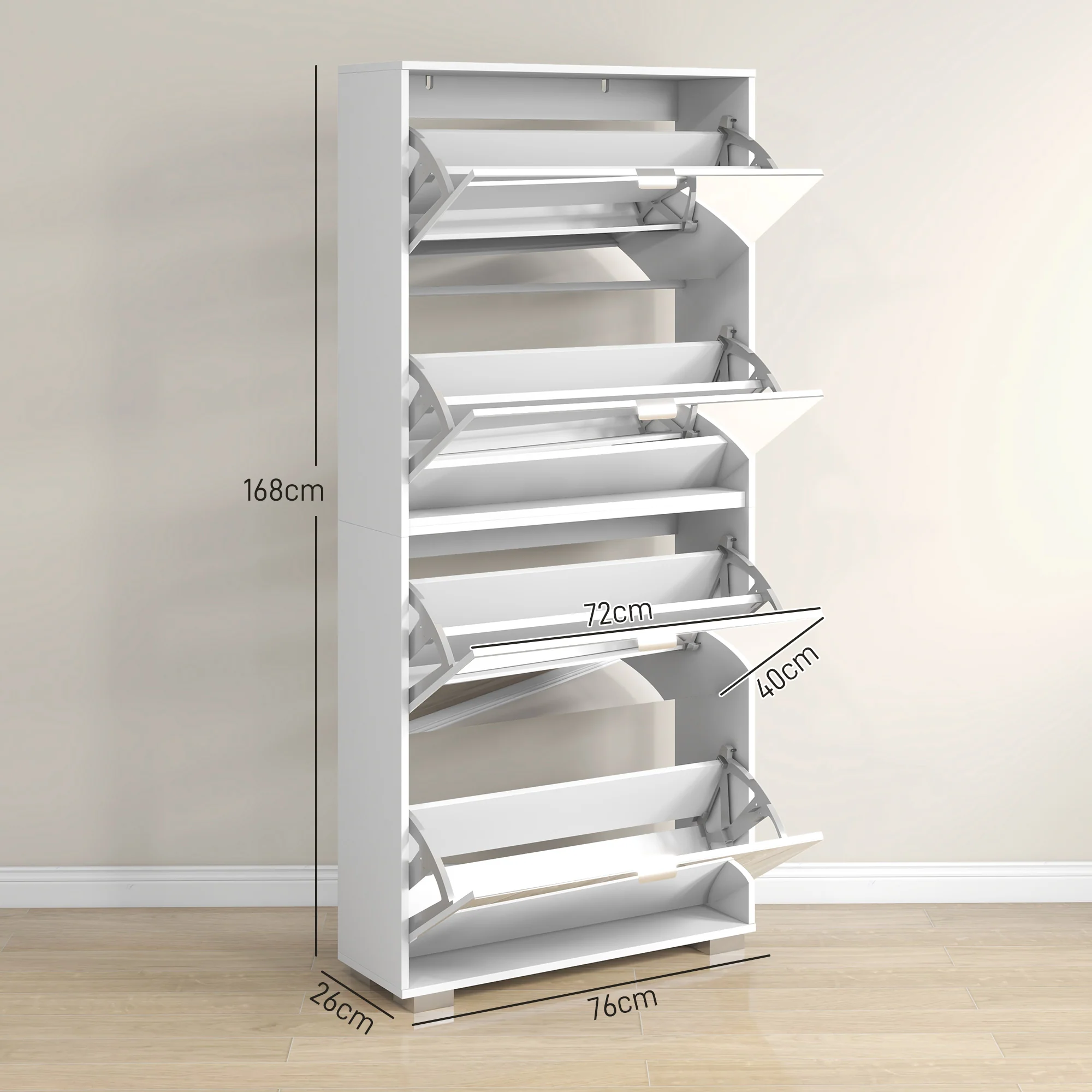 Meuble à chaussures 2 en 1 armoire à chaussures étroite fa?ades miroir, 4 portes abattants, étagères réglables, gain de place, 76l x 26P x 168H cm blanc - Image 4