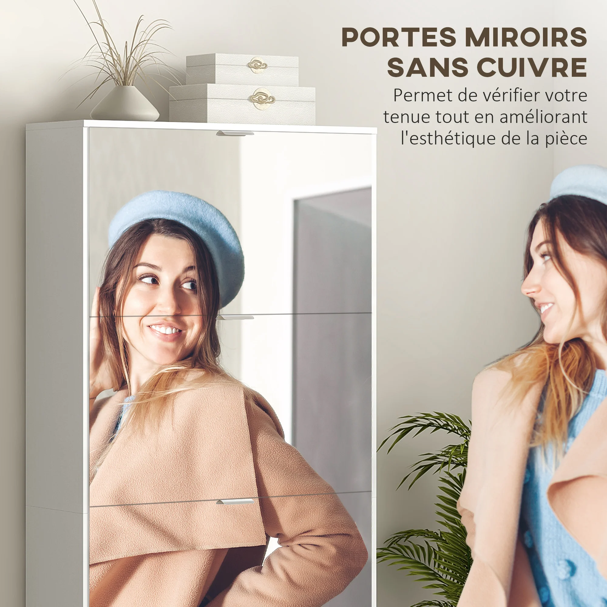Meuble à chaussures 2 en 1 armoire à chaussures étroite fa?ades miroir, 4 portes abattants, étagères réglables, gain de place, 76l x 26P x 168H cm blanc - Image 5