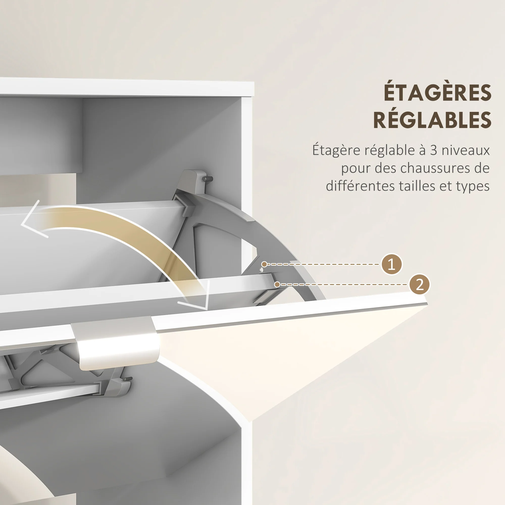 Meuble à chaussures 2 en 1 armoire à chaussures étroite fa?ades miroir, 4 portes abattants, étagères réglables, gain de place, 76l x 26P x 168H cm blanc - Image 7