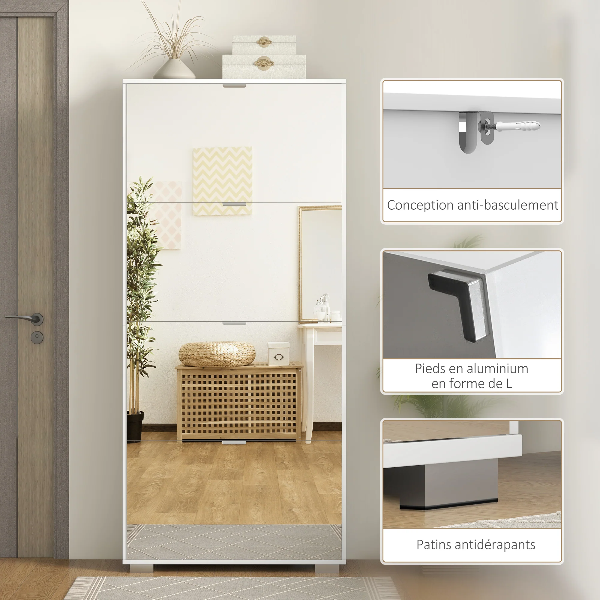 Meuble à chaussures 2 en 1 armoire à chaussures étroite fa?ades miroir, 4 portes abattants, étagères réglables, gain de place, 76l x 26P x 168H cm blanc - Image 9