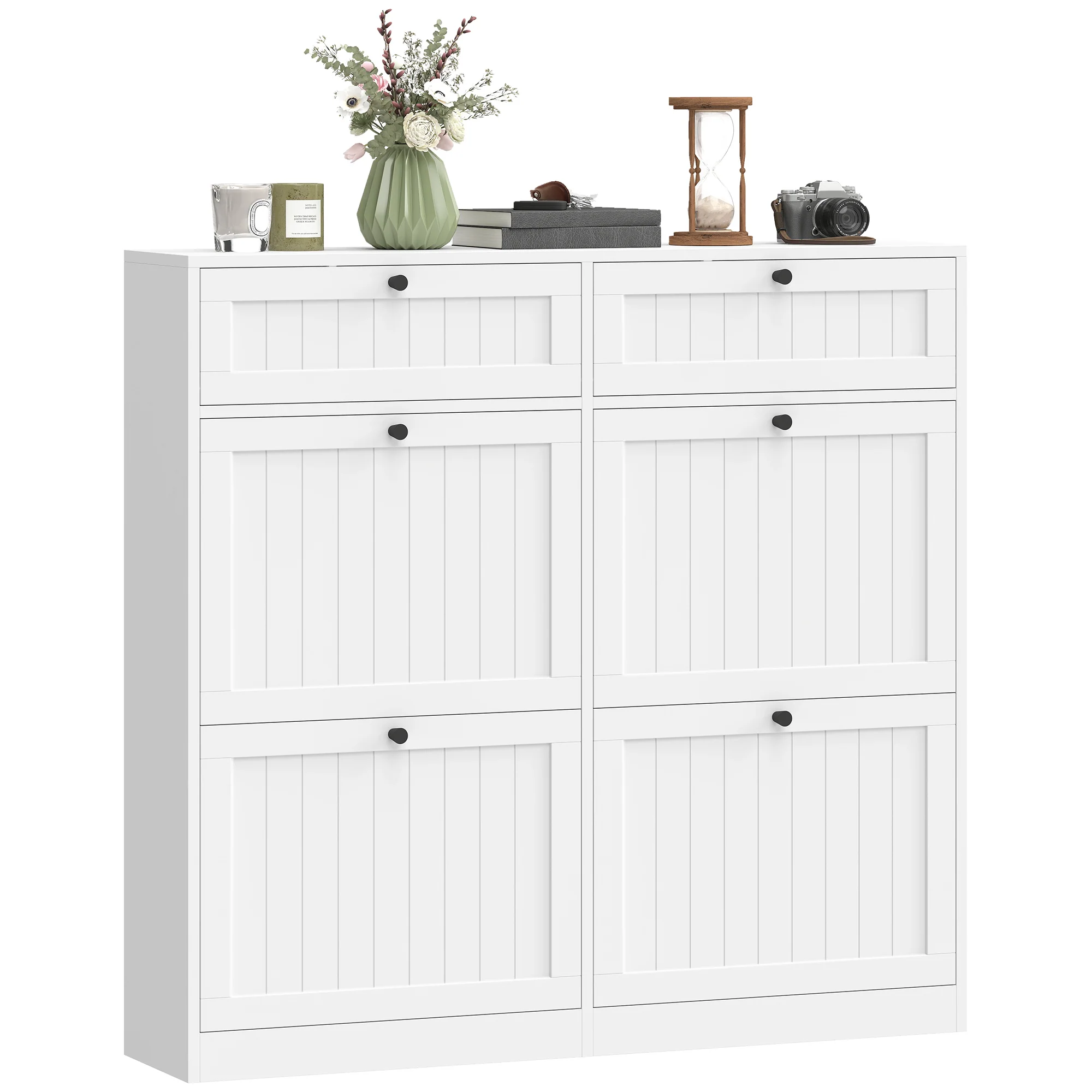 Meuble à chaussures 20 paires, armoire à chaussures étroite avec 4 tiroirs rabattables, 2 compartiments et étagères réglables, style rustique, pour couloir, entrée, 105 x 23,7 x 100 cm, blanc