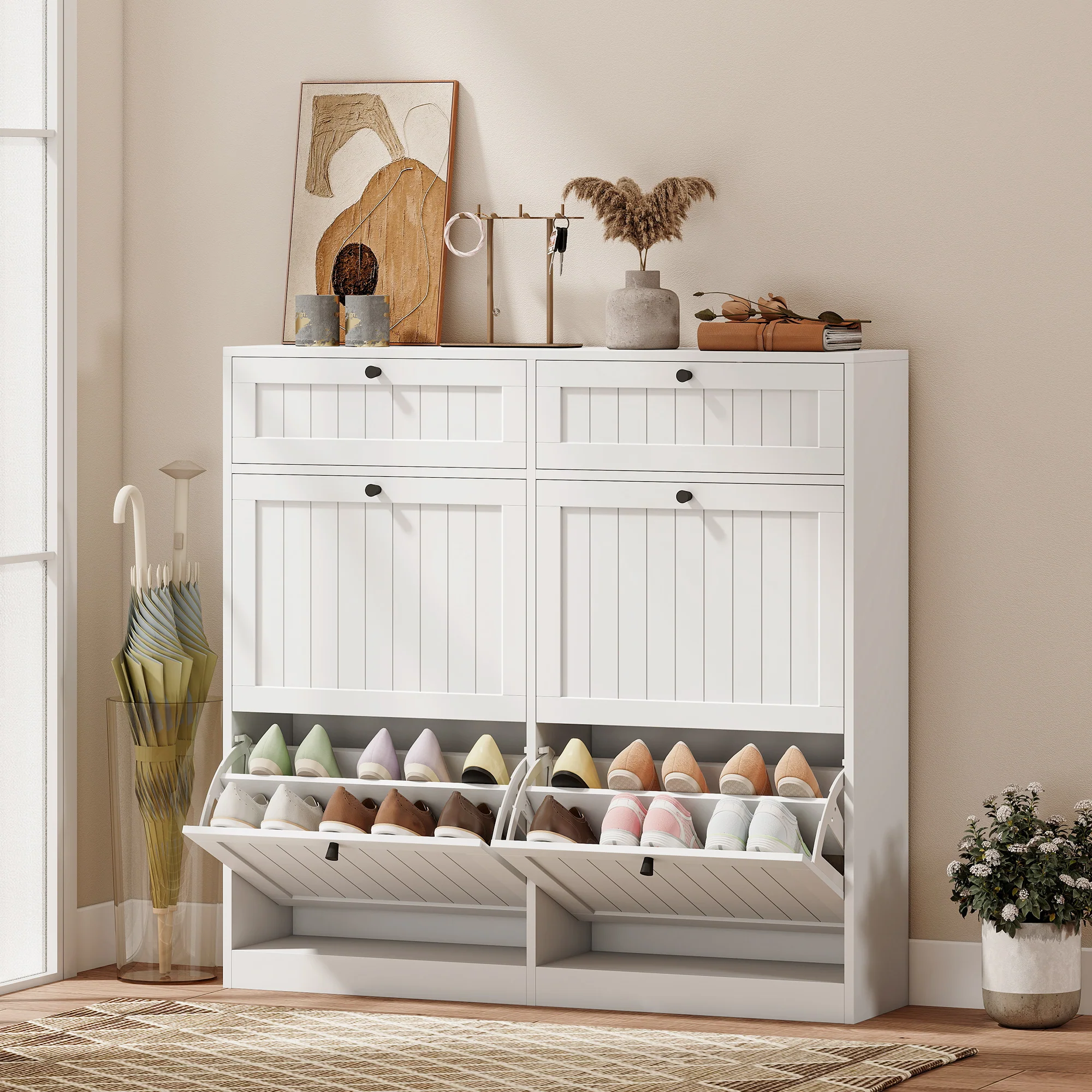 Meuble à chaussures 20 paires, armoire à chaussures étroite avec 4 tiroirs rabattables, 2 compartiments et étagères réglables, style rustique, pour couloir, entrée, 105 x 23,7 x 100 cm, blanc - Image 3