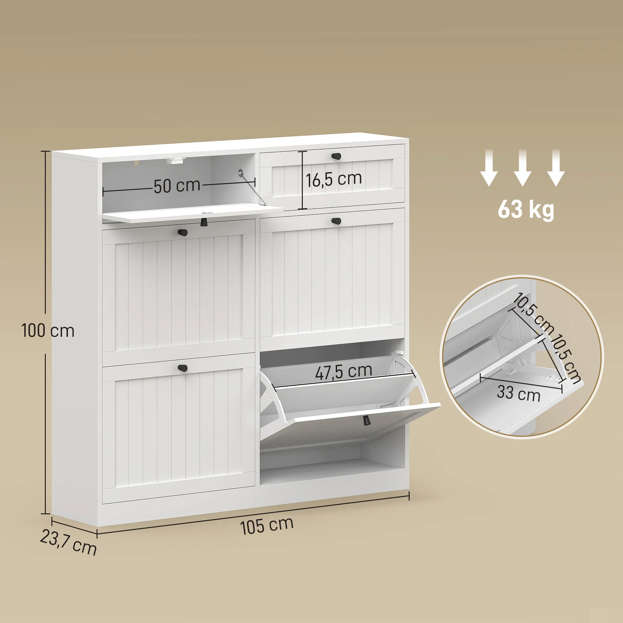 Meuble à chaussures 20 paires, armoire à chaussures étroite avec 4 tiroirs rabattables, 2 compartiments et étagères réglables, style rustique, pour couloir, entrée, 105 x 23,7 x 100 cm, blanc - Image 4