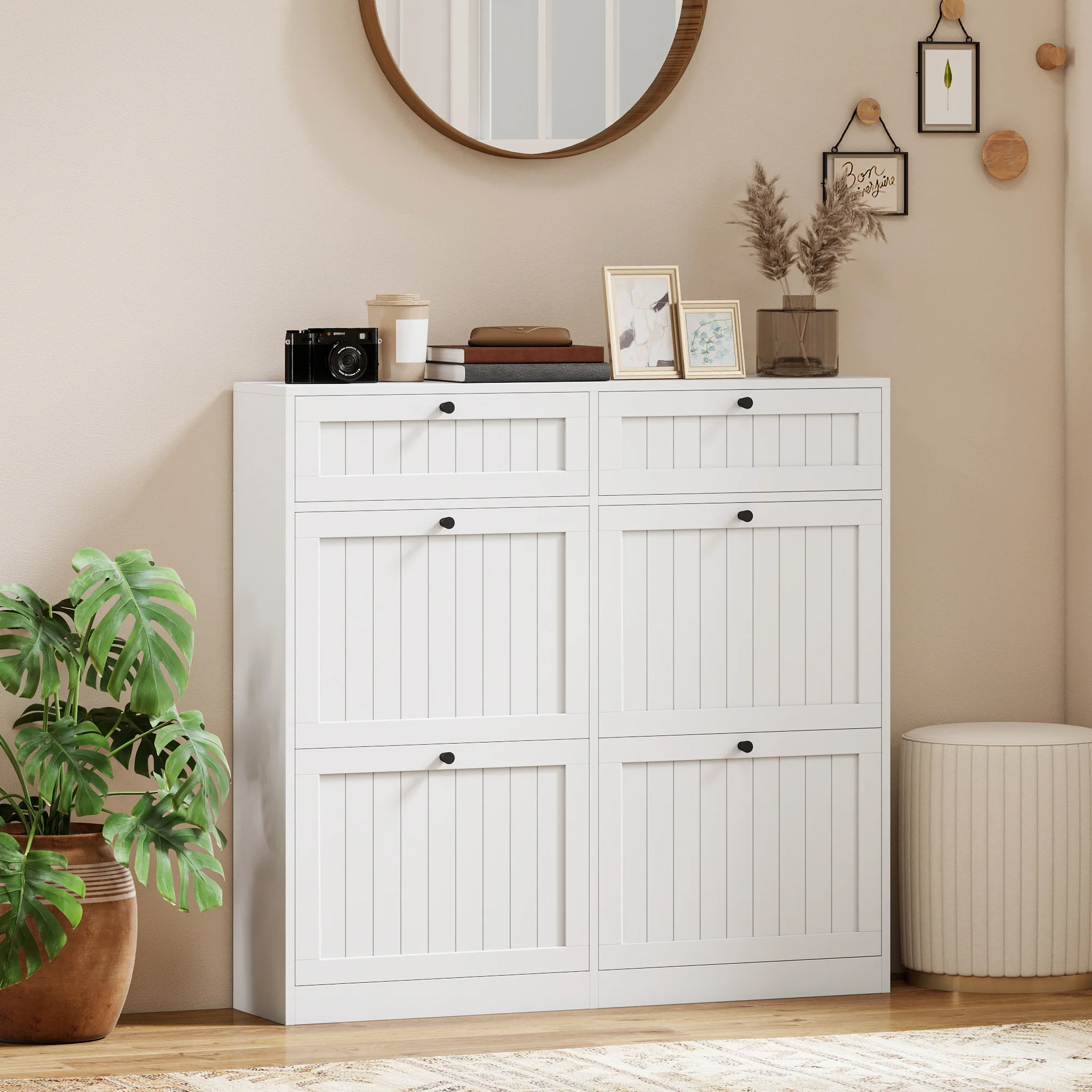Meuble à chaussures 20 paires, armoire à chaussures étroite avec 4 tiroirs rabattables, 2 compartiments et étagères réglables, style rustique, pour couloir, entrée, 105 x 23,7 x 100 cm, blanc - Image 7