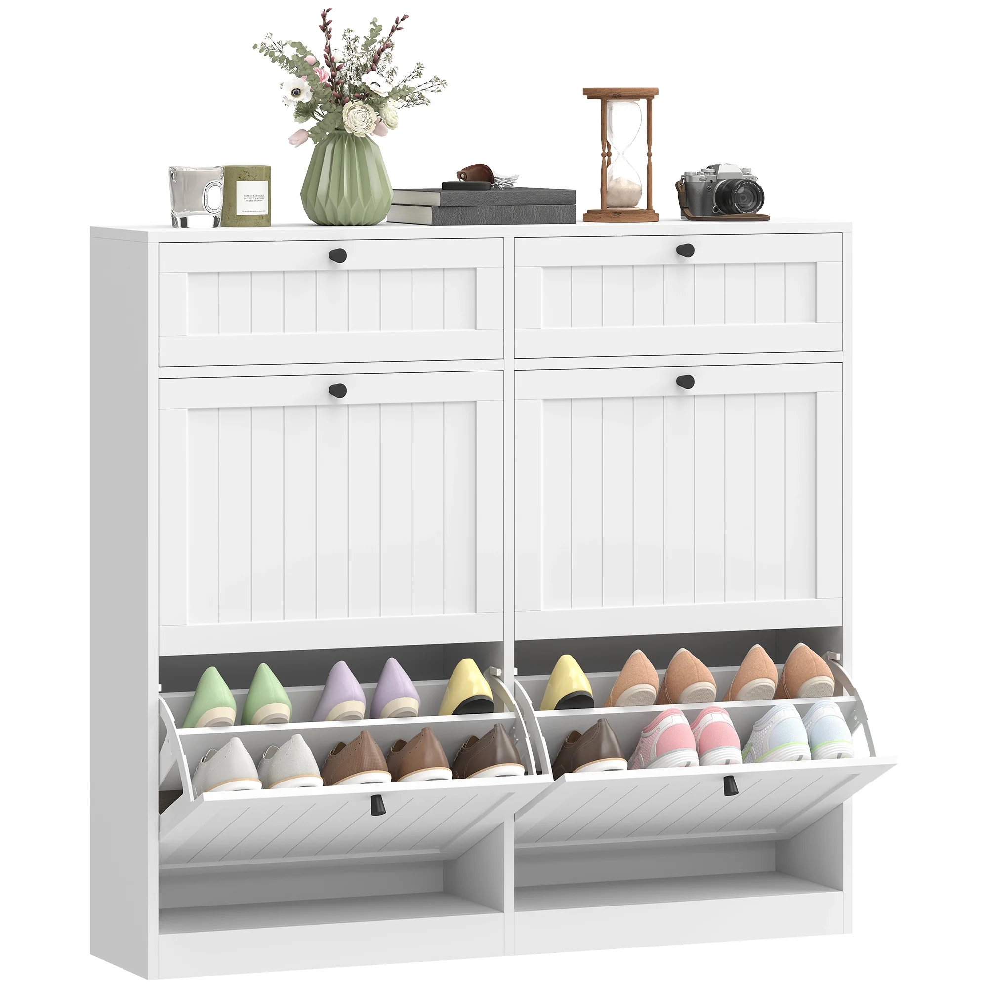 Meuble à chaussures 20 paires, armoire à chaussures étroite avec 4 tiroirs rabattables, 2 compartiments et étagères réglables, style rustique, pour couloir, entrée, 105 x 23,7 x 100 cm, blanc - Image 8