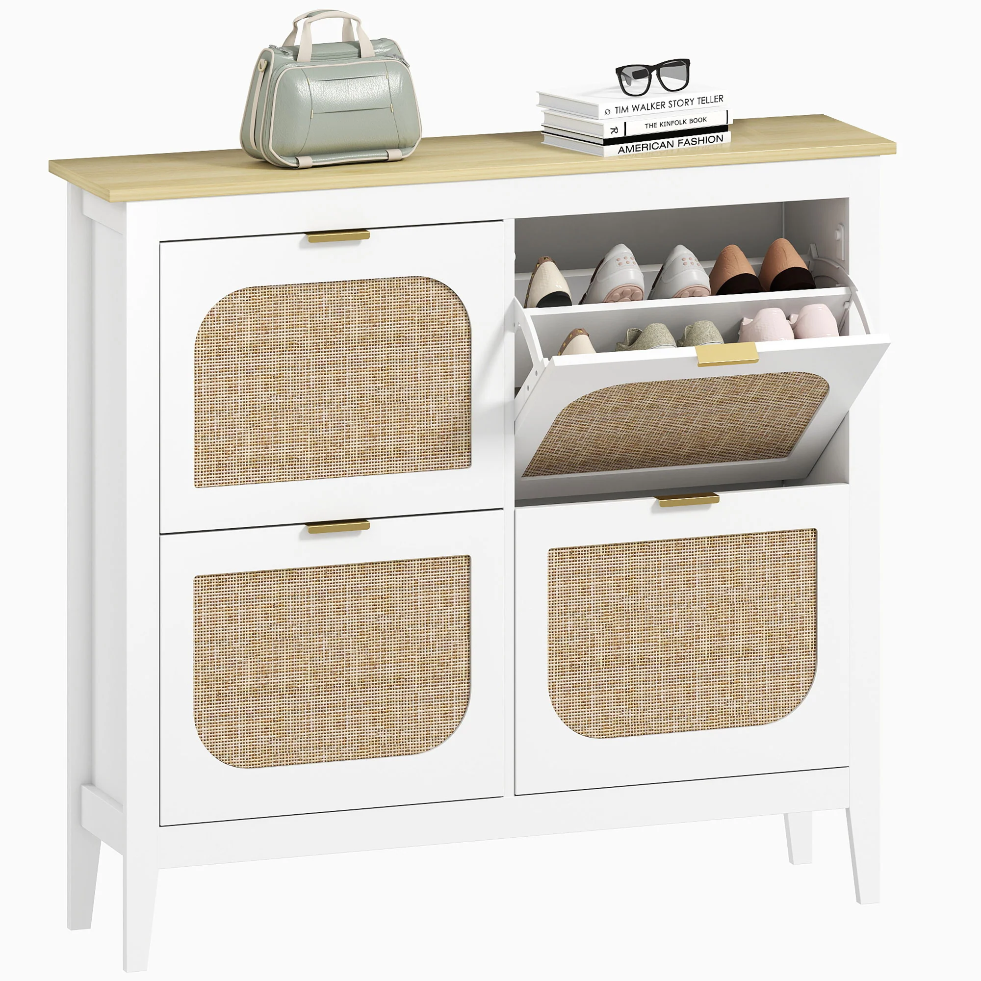 Meuble à chaussures 20 paires, armoire à chaussures étroite bohème avec 4 tiroirs rabattables, portes effet cannage rotin et étagères réglables, pour couloir et entrée, 105x24x95,5cm, blanc - Image 11