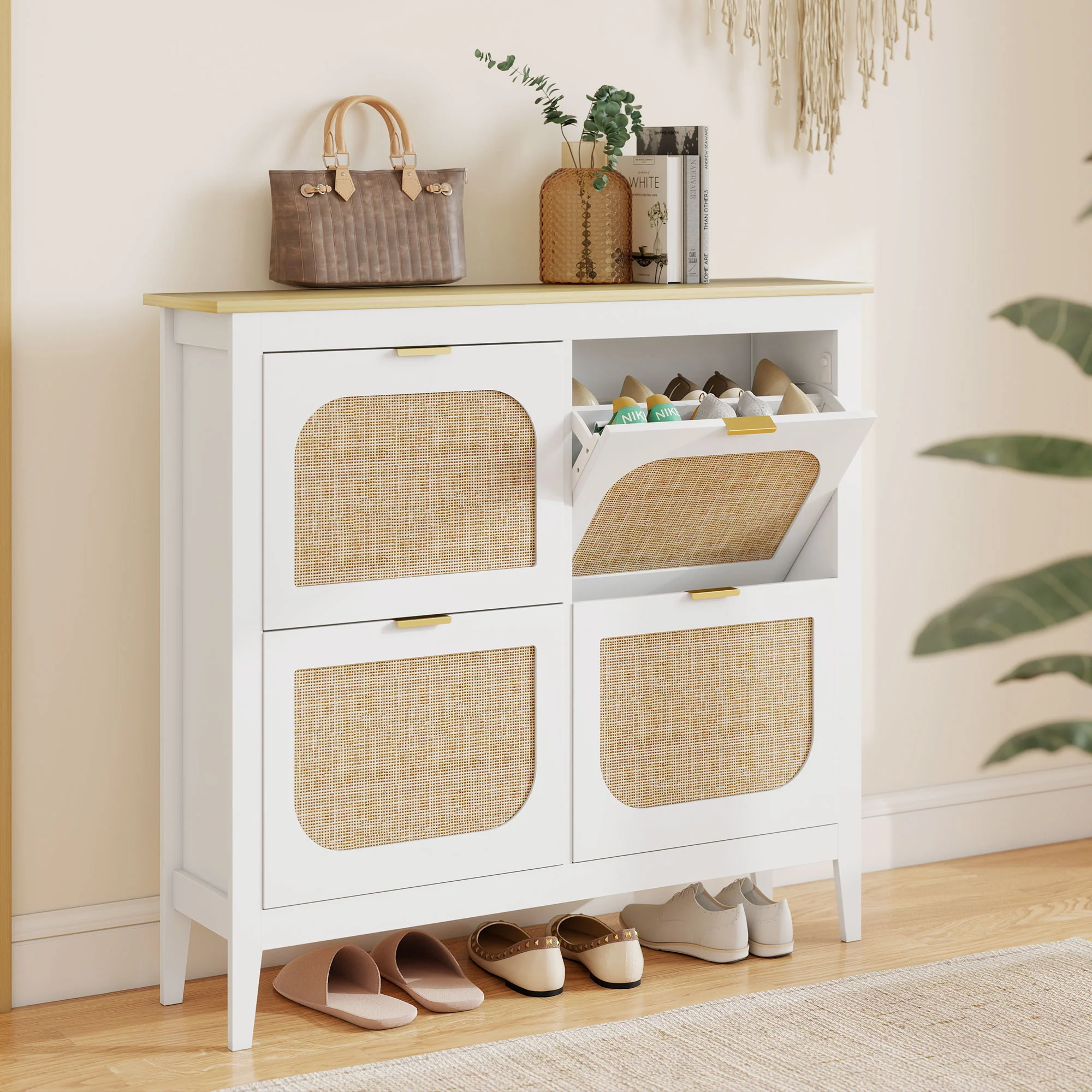 Meuble à chaussures 20 paires, armoire à chaussures étroite bohème avec 4 tiroirs rabattables, portes effet cannage rotin et étagères réglables, pour couloir et entrée, 105x24x95,5cm, blanc - Image 3
