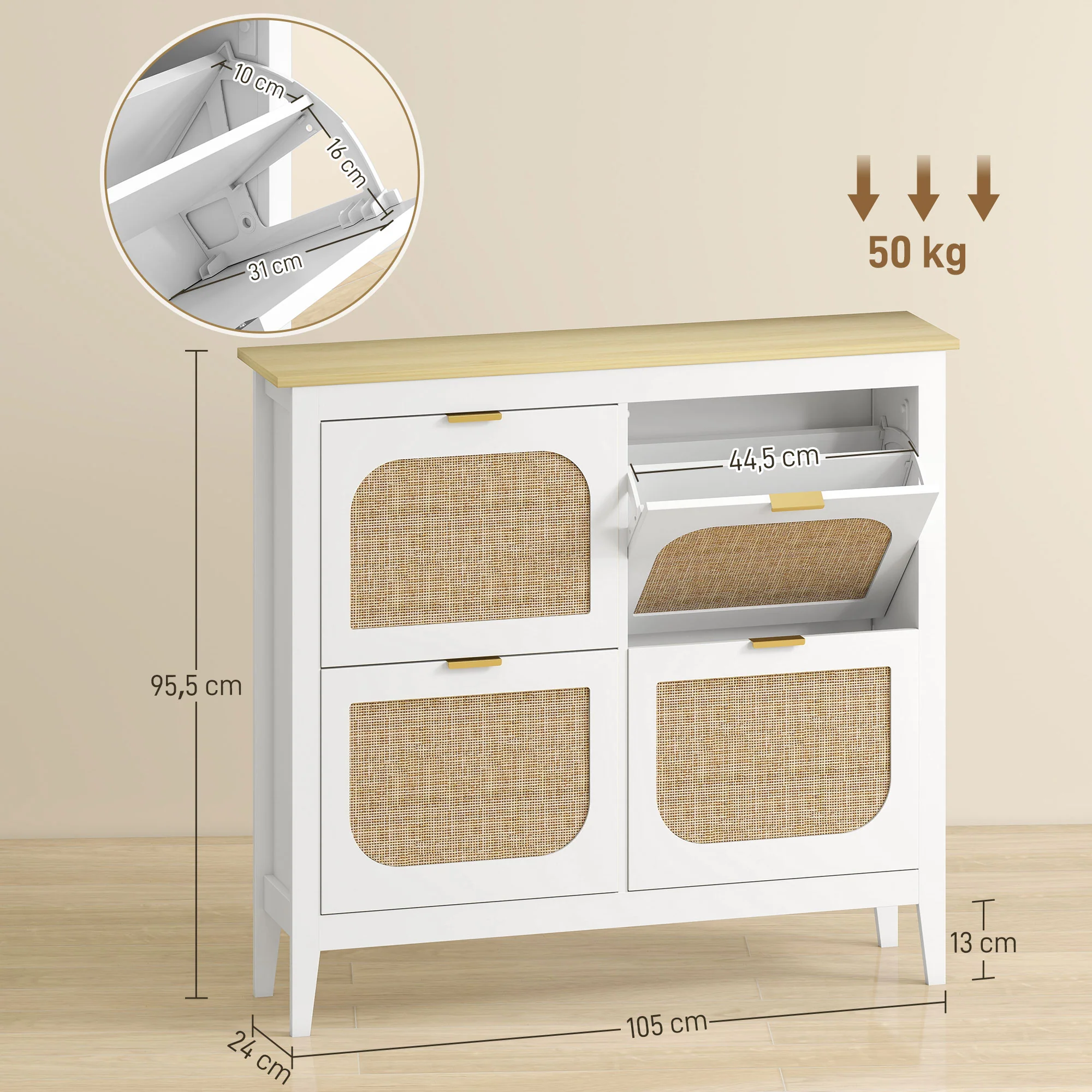 Meuble à chaussures 20 paires, armoire à chaussures étroite bohème avec 4 tiroirs rabattables, portes effet cannage rotin et étagères réglables, pour couloir et entrée, 105x24x95,5cm, blanc - Image 4