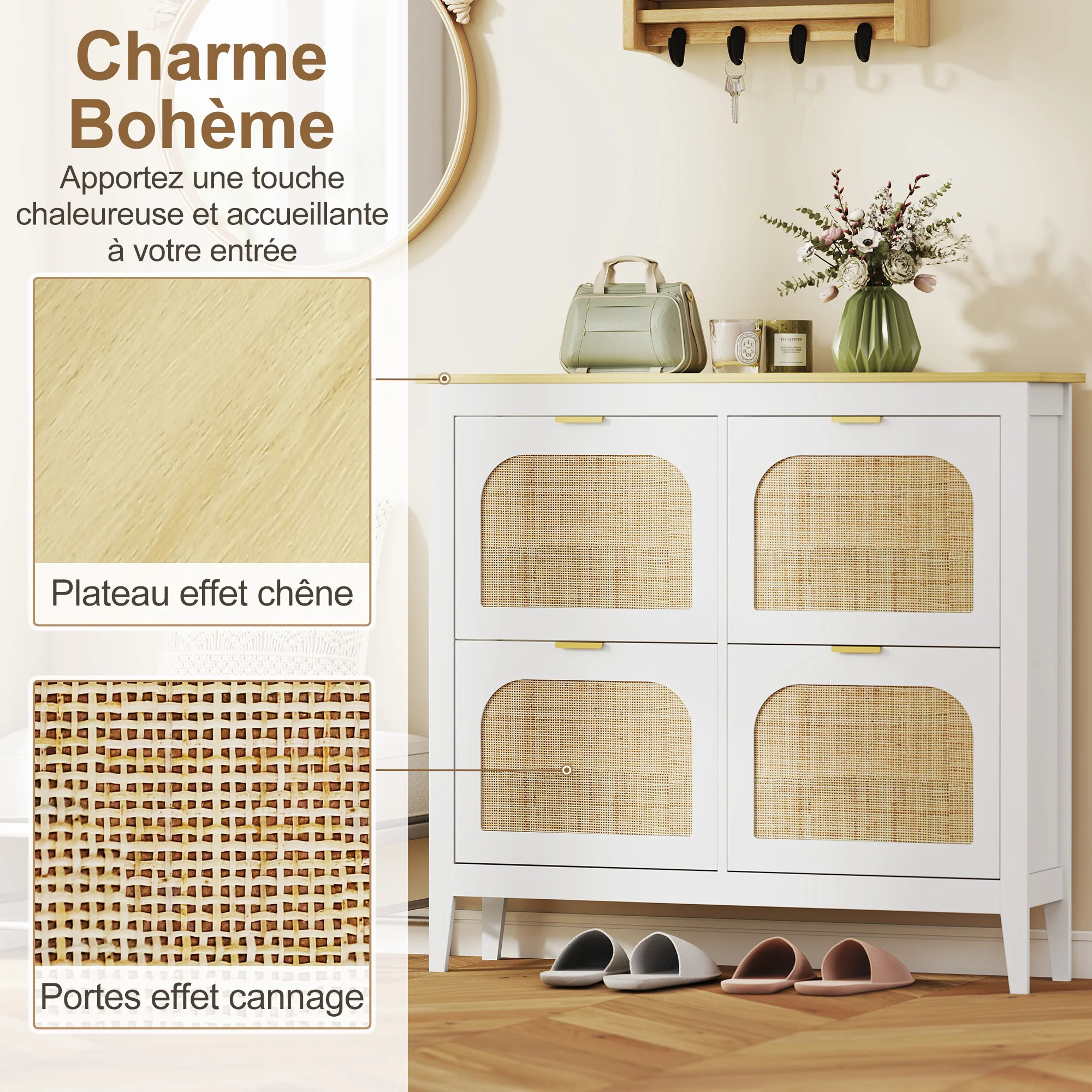 Meuble à chaussures 20 paires, armoire à chaussures étroite bohème avec 4 tiroirs rabattables, portes effet cannage rotin et étagères réglables, pour couloir et entrée, 105x24x95,5cm, blanc - Image 5