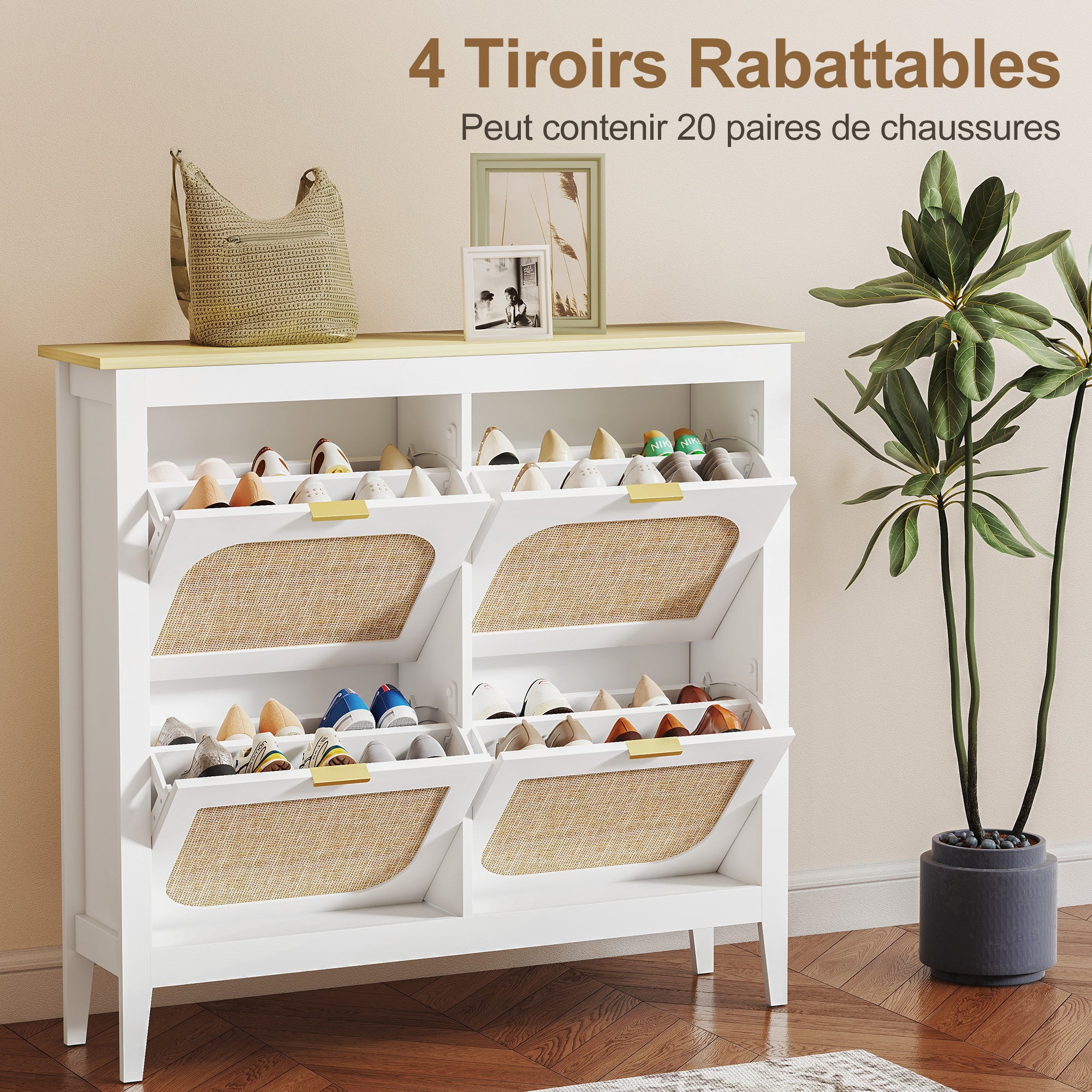 Meuble à chaussures 20 paires, armoire à chaussures étroite bohème avec 4 tiroirs rabattables, portes effet cannage rotin et étagères réglables, pour couloir et entrée, 105x24x95,5cm, blanc - Image 6