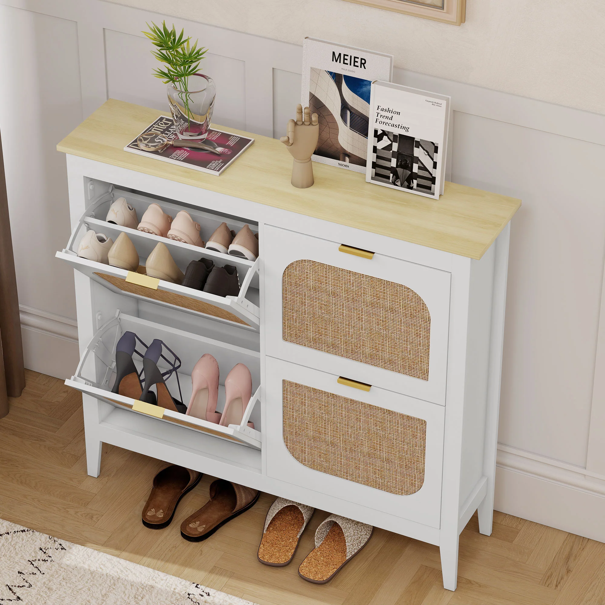 Meuble à chaussures 20 paires, armoire à chaussures étroite bohème avec 4 tiroirs rabattables, portes effet cannage rotin et étagères réglables, pour couloir et entrée, 105x24x95,5cm, blanc - Image 9