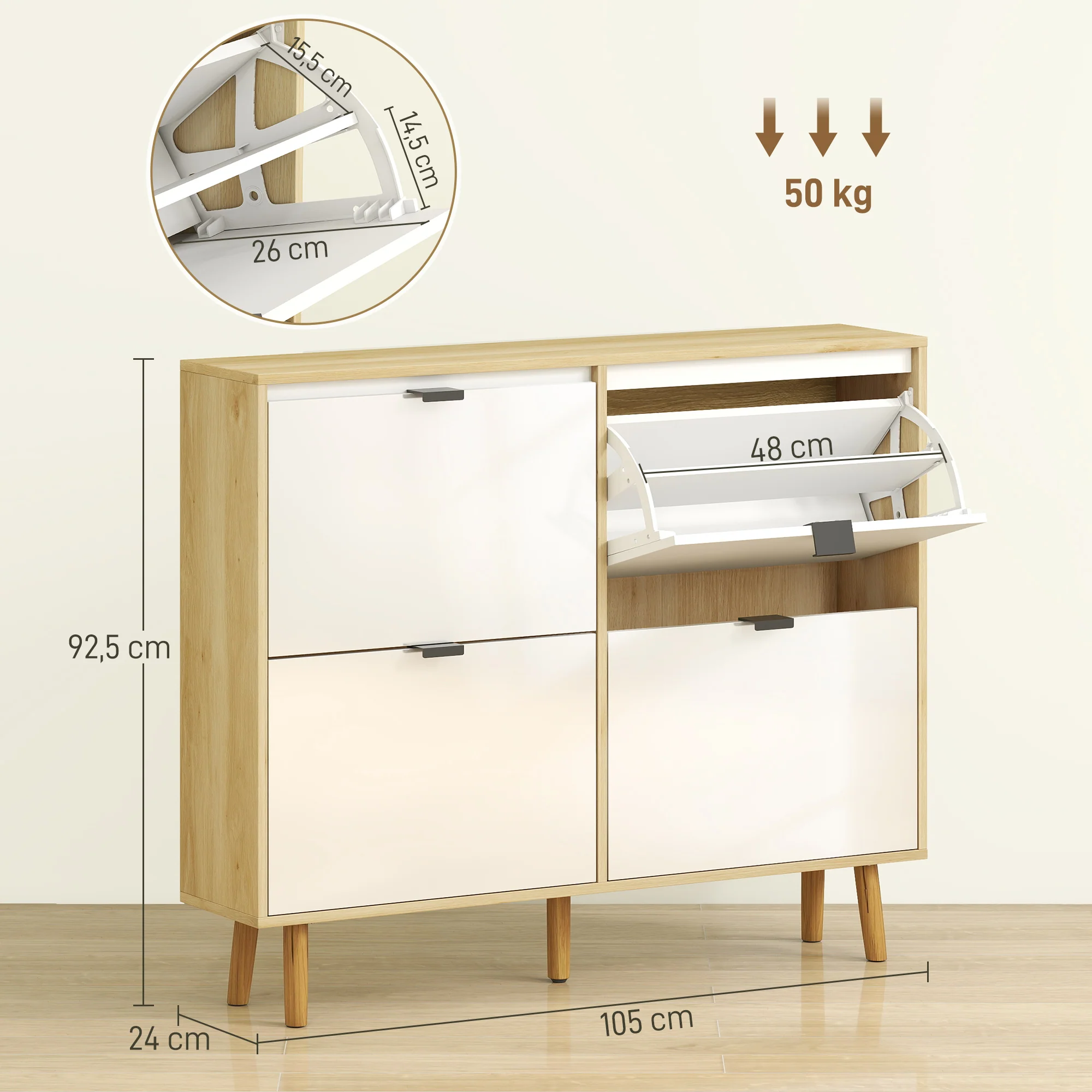 Meuble à chaussures 20 paires, porte haute brillante, armoire à chaussures étroite avec 4 tiroirs rabattables et étagères réglables, style moderne, pour couloir, entrée, 105x24x92,5cm, blanc - Image 4