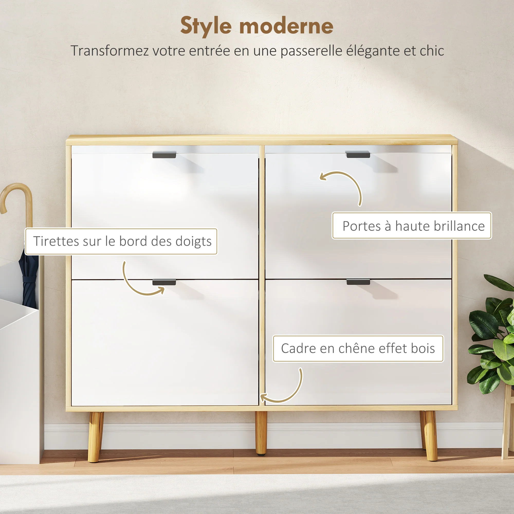 Meuble à chaussures 20 paires, porte haute brillante, armoire à chaussures étroite avec 4 tiroirs rabattables et étagères réglables, style moderne, pour couloir, entrée, 105x24x92,5cm, blanc - Image 5