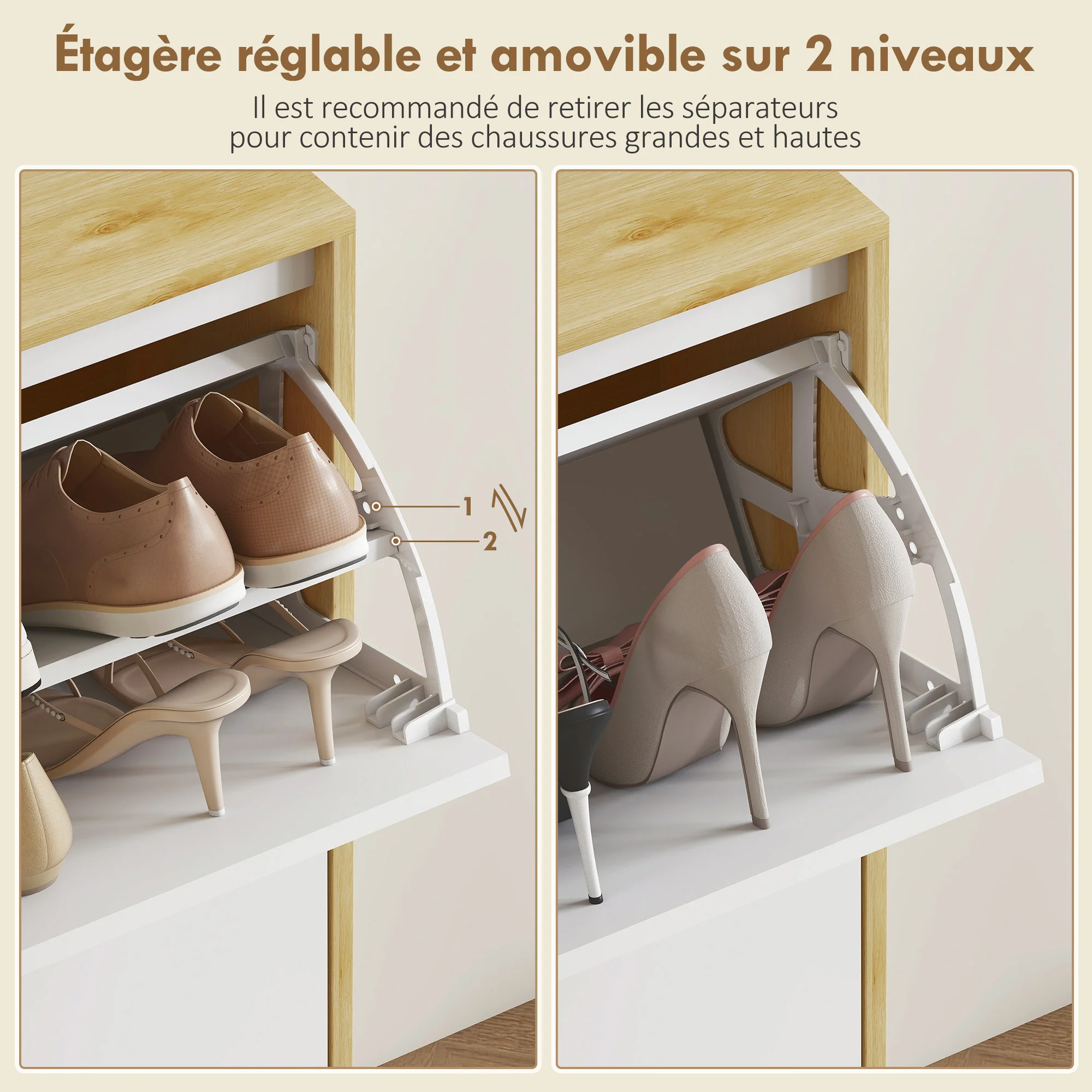 Meuble à chaussures 20 paires, porte haute brillante, armoire à chaussures étroite avec 4 tiroirs rabattables et étagères réglables, style moderne, pour couloir, entrée, 105x24x92,5cm, blanc - Image 7