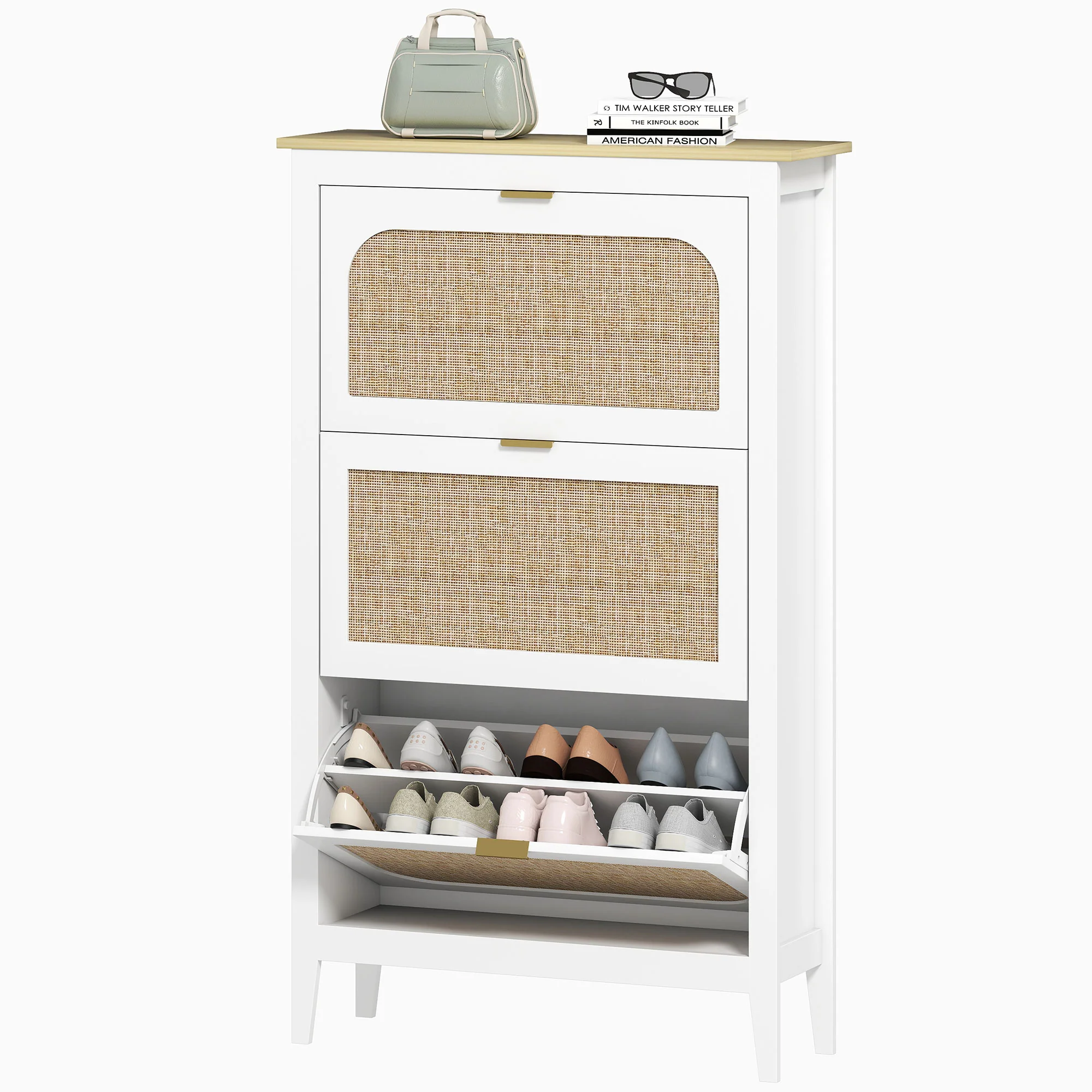Meuble à chaussures 21 paires, armoire à chaussures étroite bohème avec 3 tiroirs rabattables, portes effet cannage rotin et étagères réglables, pour couloir et entrée, 80x24x131cm, blanc