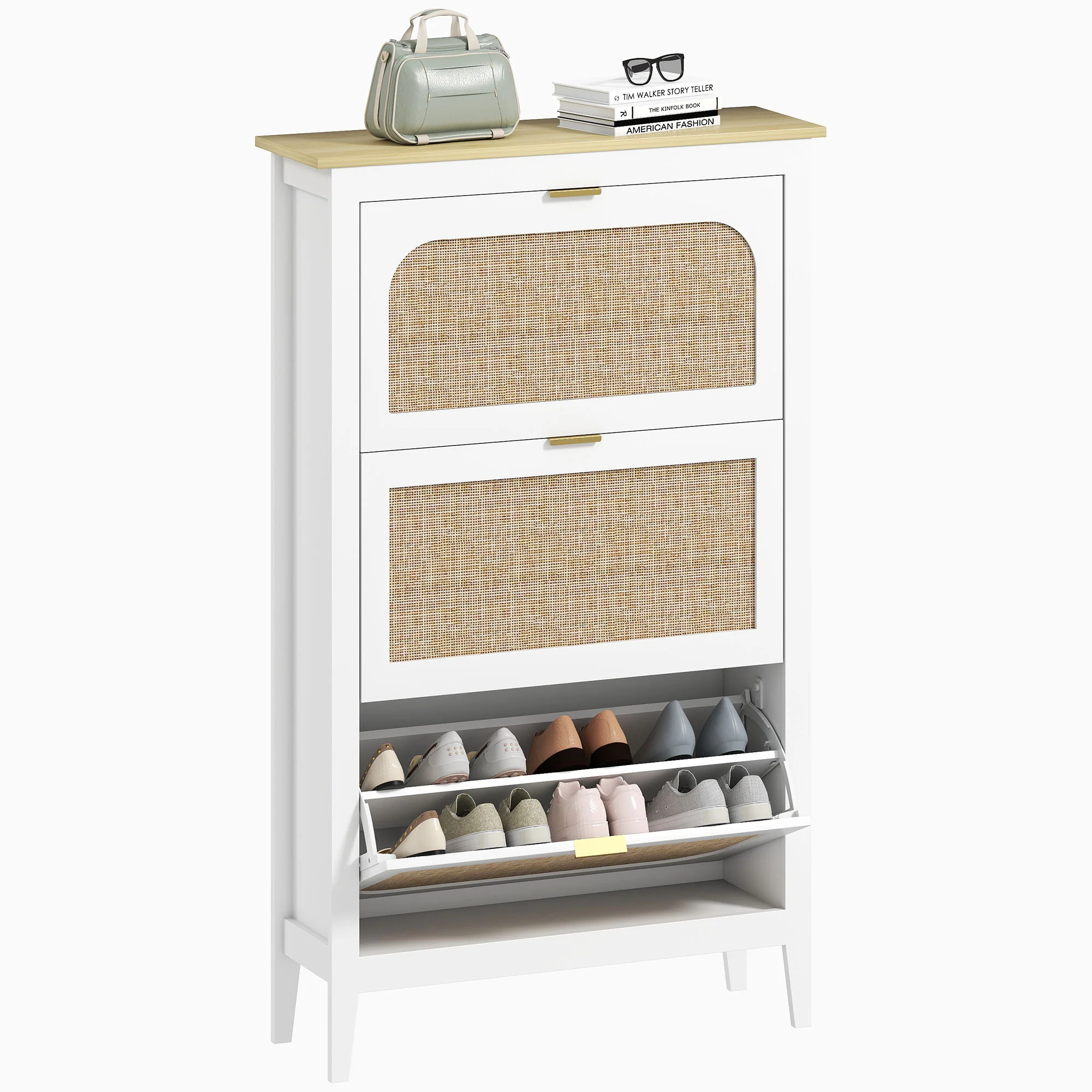 Meuble à chaussures 21 paires, armoire à chaussures étroite bohème avec 3 tiroirs rabattables, portes effet cannage rotin et étagères réglables, pour couloir et entrée, 80x24x131cm, blanc - Image 11