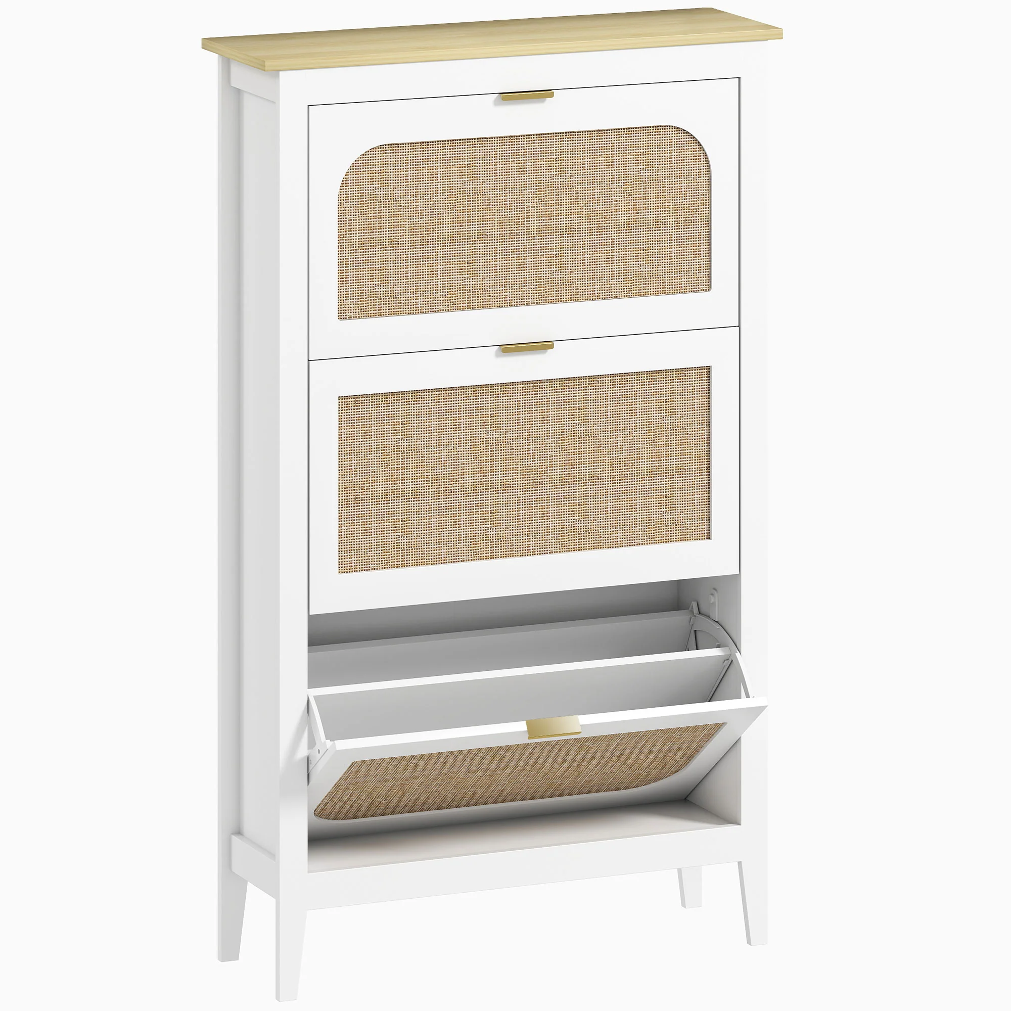 Meuble à chaussures 21 paires, armoire à chaussures étroite bohème avec 3 tiroirs rabattables, portes effet cannage rotin et étagères réglables, pour couloir et entrée, 80x24x131cm, blanc - Image 2