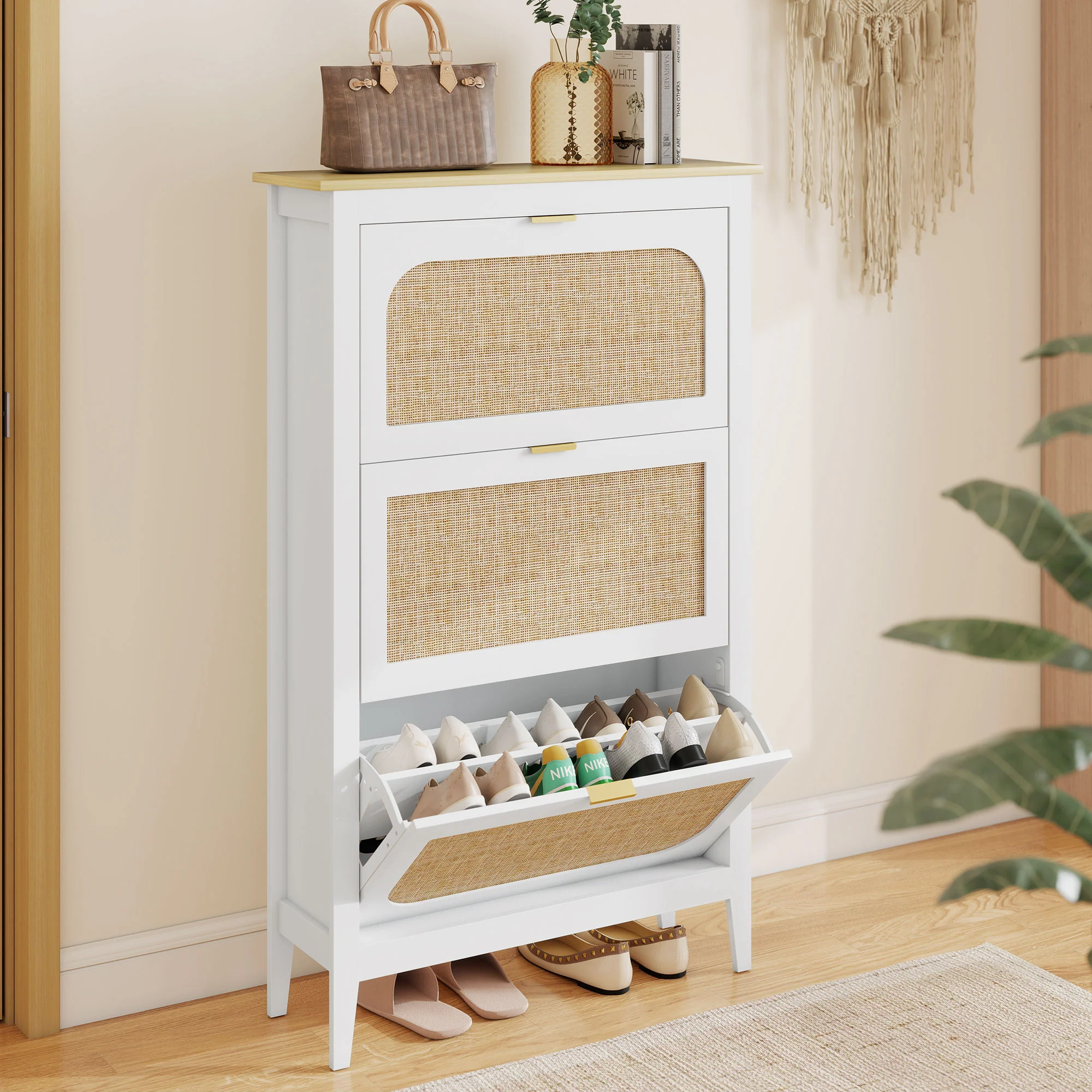 Meuble à chaussures 21 paires, armoire à chaussures étroite bohème avec 3 tiroirs rabattables, portes effet cannage rotin et étagères réglables, pour couloir et entrée, 80x24x131cm, blanc - Image 3