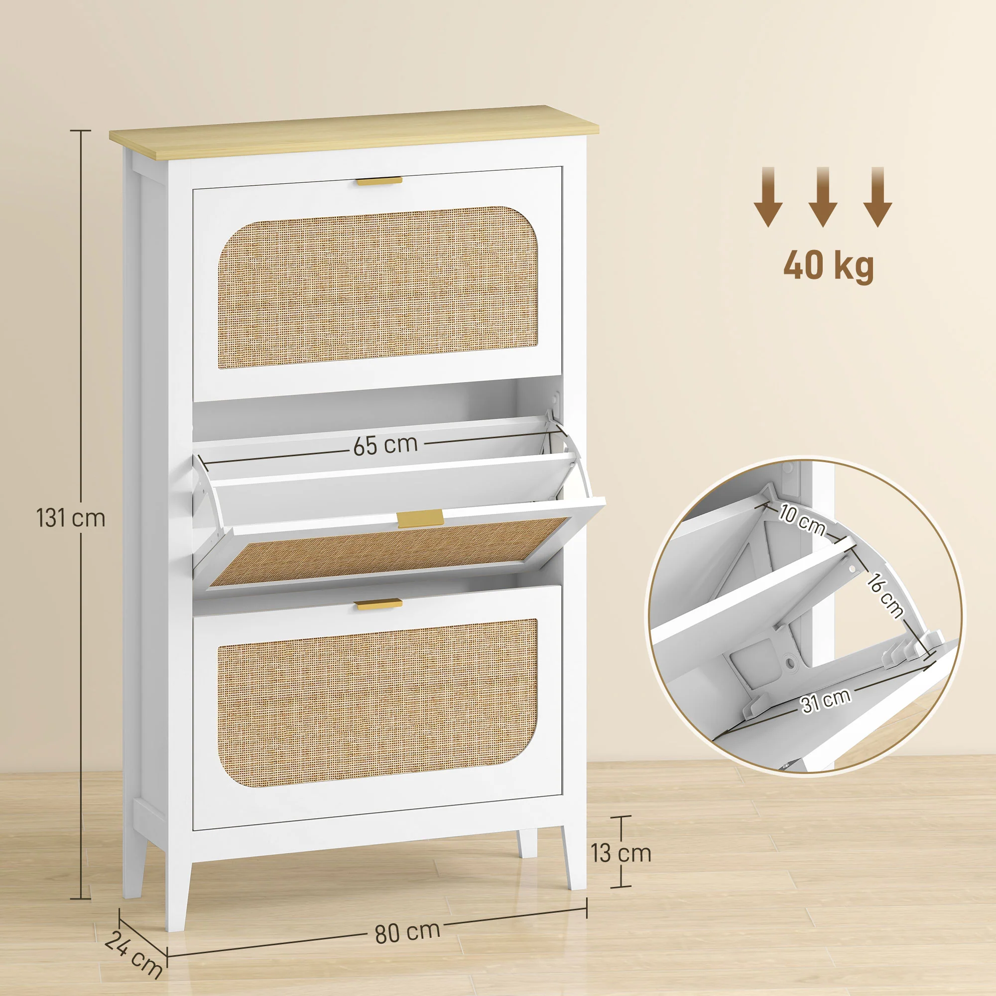 Meuble à chaussures 21 paires, armoire à chaussures étroite bohème avec 3 tiroirs rabattables, portes effet cannage rotin et étagères réglables, pour couloir et entrée, 80x24x131cm, blanc - Image 4