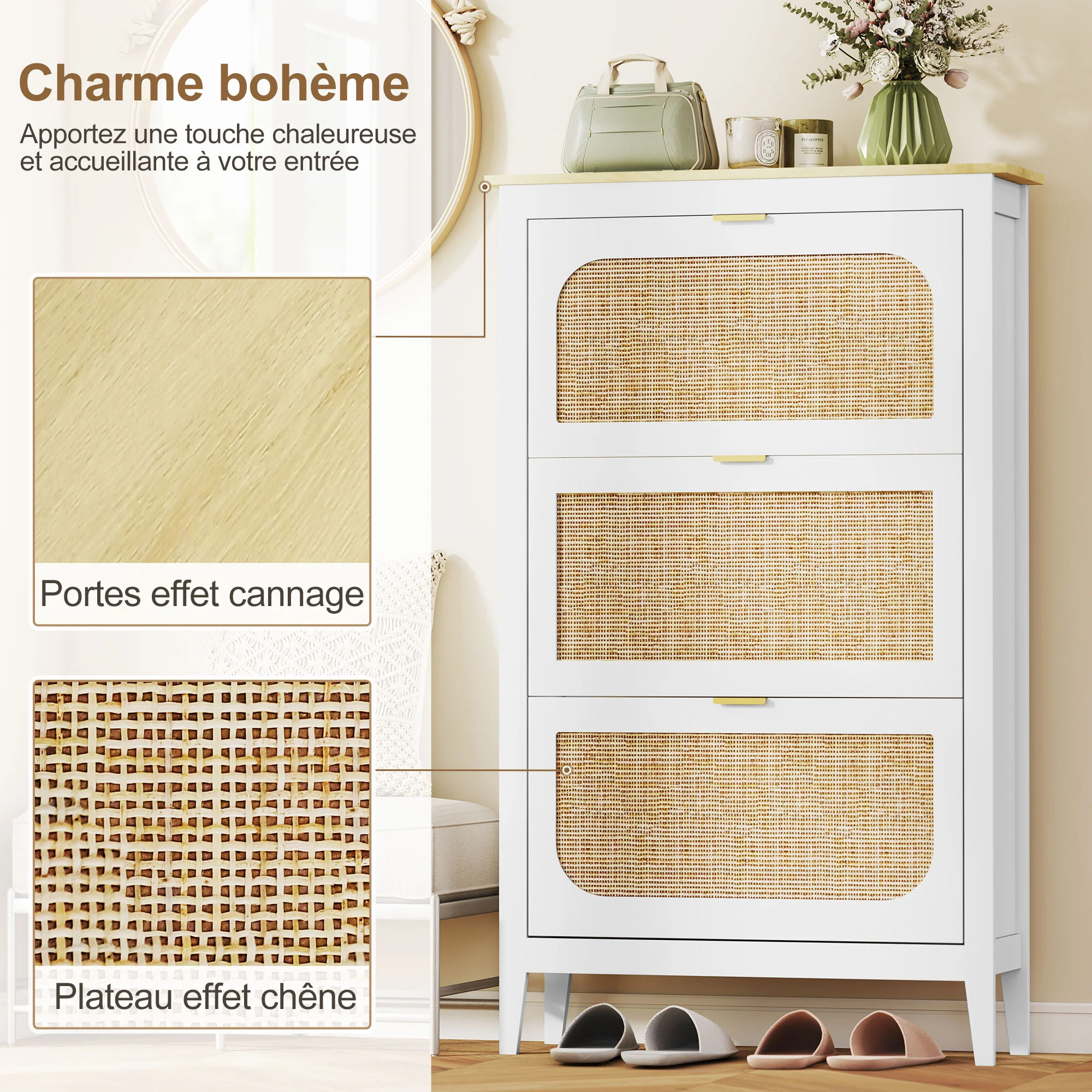Meuble à chaussures 21 paires, armoire à chaussures étroite bohème avec 3 tiroirs rabattables, portes effet cannage rotin et étagères réglables, pour couloir et entrée, 80x24x131cm, blanc - Image 5