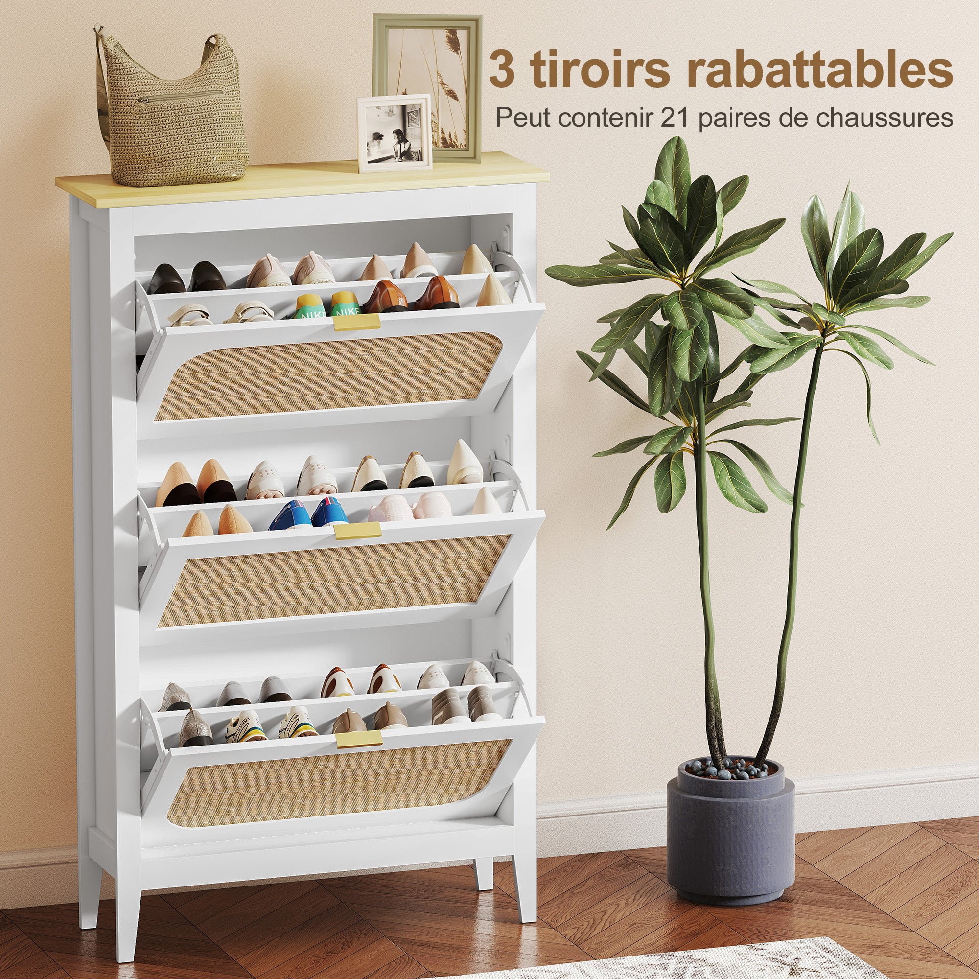 Meuble à chaussures 21 paires, armoire à chaussures étroite bohème avec 3 tiroirs rabattables, portes effet cannage rotin et étagères réglables, pour couloir et entrée, 80x24x131cm, blanc - Image 6
