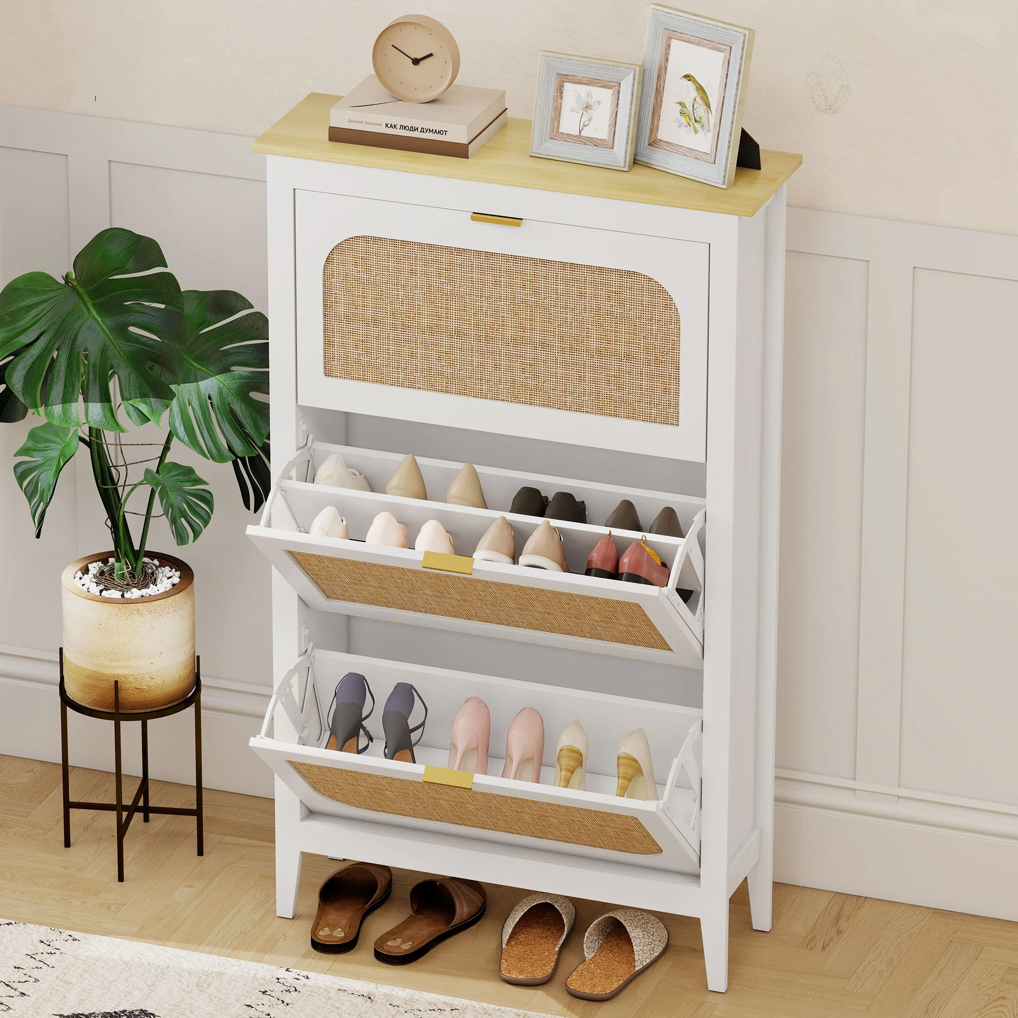 Meuble à chaussures 21 paires, armoire à chaussures étroite bohème avec 3 tiroirs rabattables, portes effet cannage rotin et étagères réglables, pour couloir et entrée, 80x24x131cm, blanc - Image 9