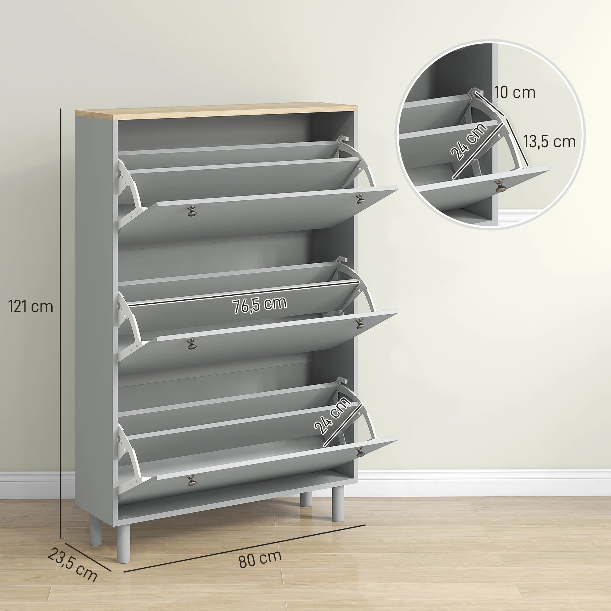 Meuble à chaussures 24 paires, armoire à chaussures étroite, meuble d'entrée avec 3 tiroirs rabattables et étagères réglables, pour couloir et entrée, 80x23,5x121cm, gris - Image 4