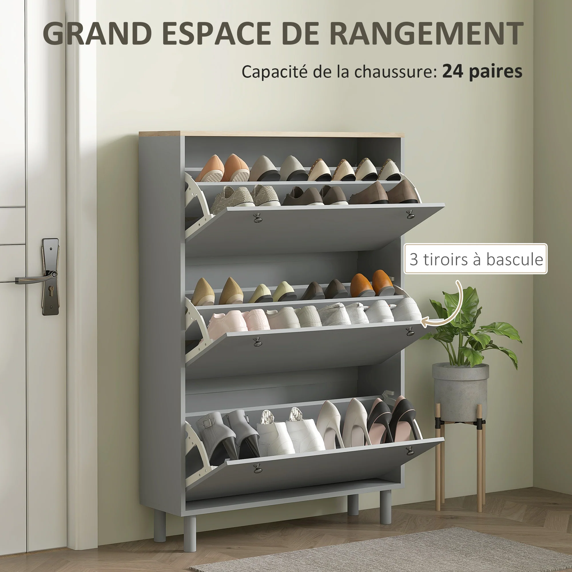 Meuble à chaussures 24 paires, armoire à chaussures étroite, meuble d'entrée avec 3 tiroirs rabattables et étagères réglables, pour couloir et entrée, 80x23,5x121cm, gris - Image 5
