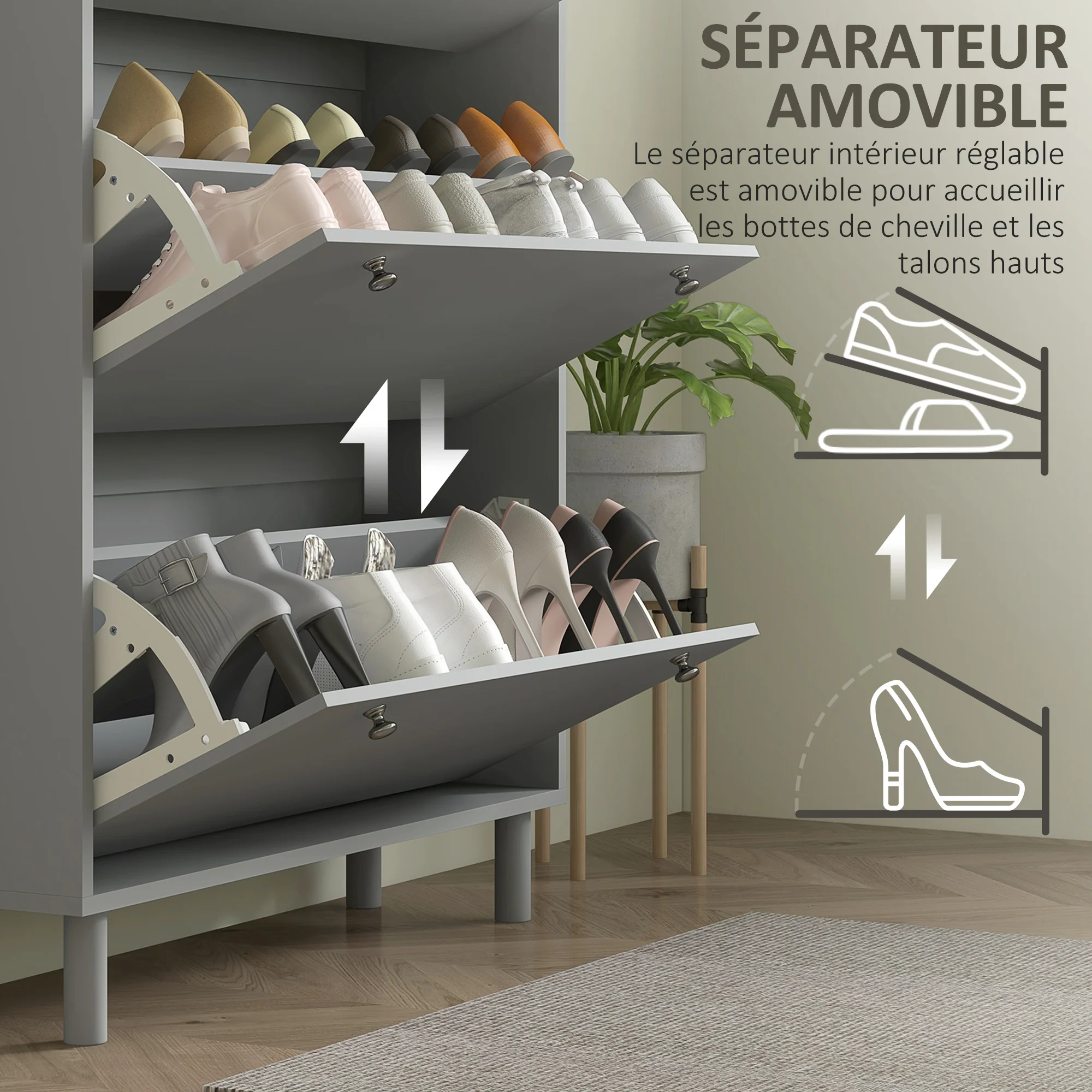 Meuble à chaussures 24 paires, armoire à chaussures étroite, meuble d'entrée avec 3 tiroirs rabattables et étagères réglables, pour couloir et entrée, 80x23,5x121cm, gris - Image 7