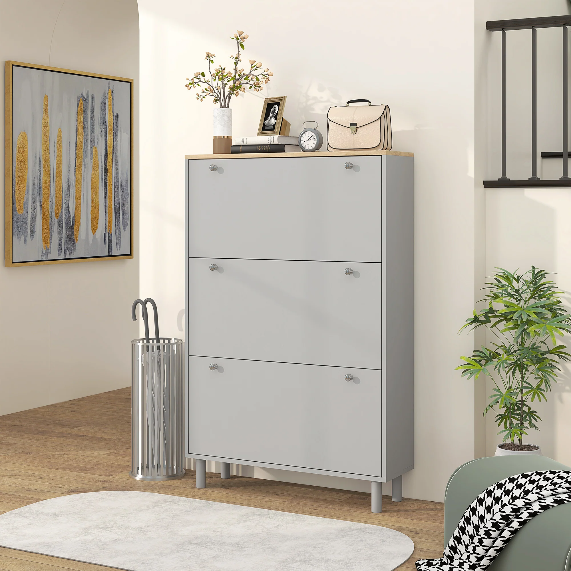 Meuble à chaussures 24 paires, armoire à chaussures étroite, meuble d'entrée avec 3 tiroirs rabattables et étagères réglables, pour couloir et entrée, 80x23,5x121cm, gris - Image 9