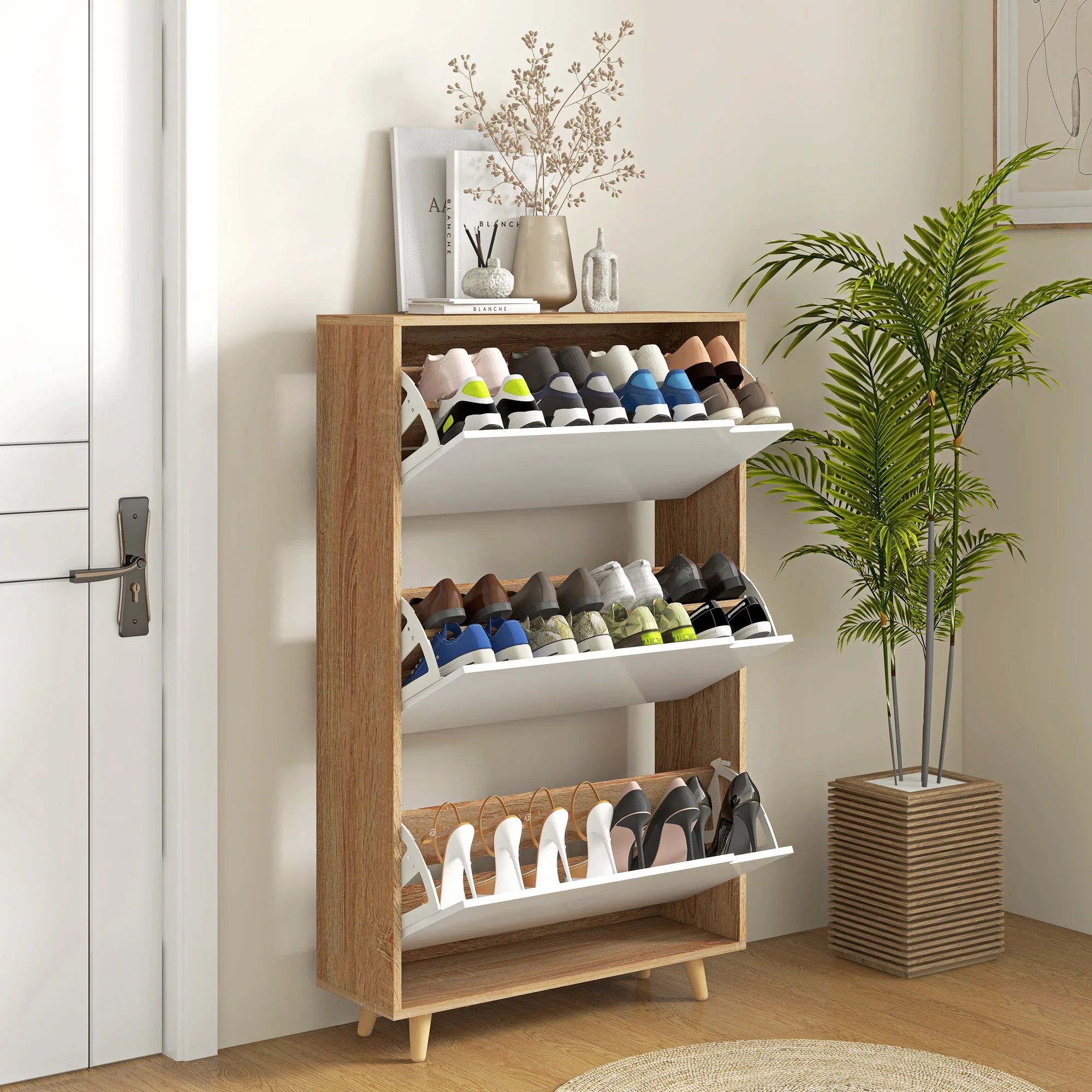 Meuble à chaussures 3 abattants, armoire à chaussures, avec étagère réglable, 72L x 24l x 119H cm, naturel et blanc - Image 3
