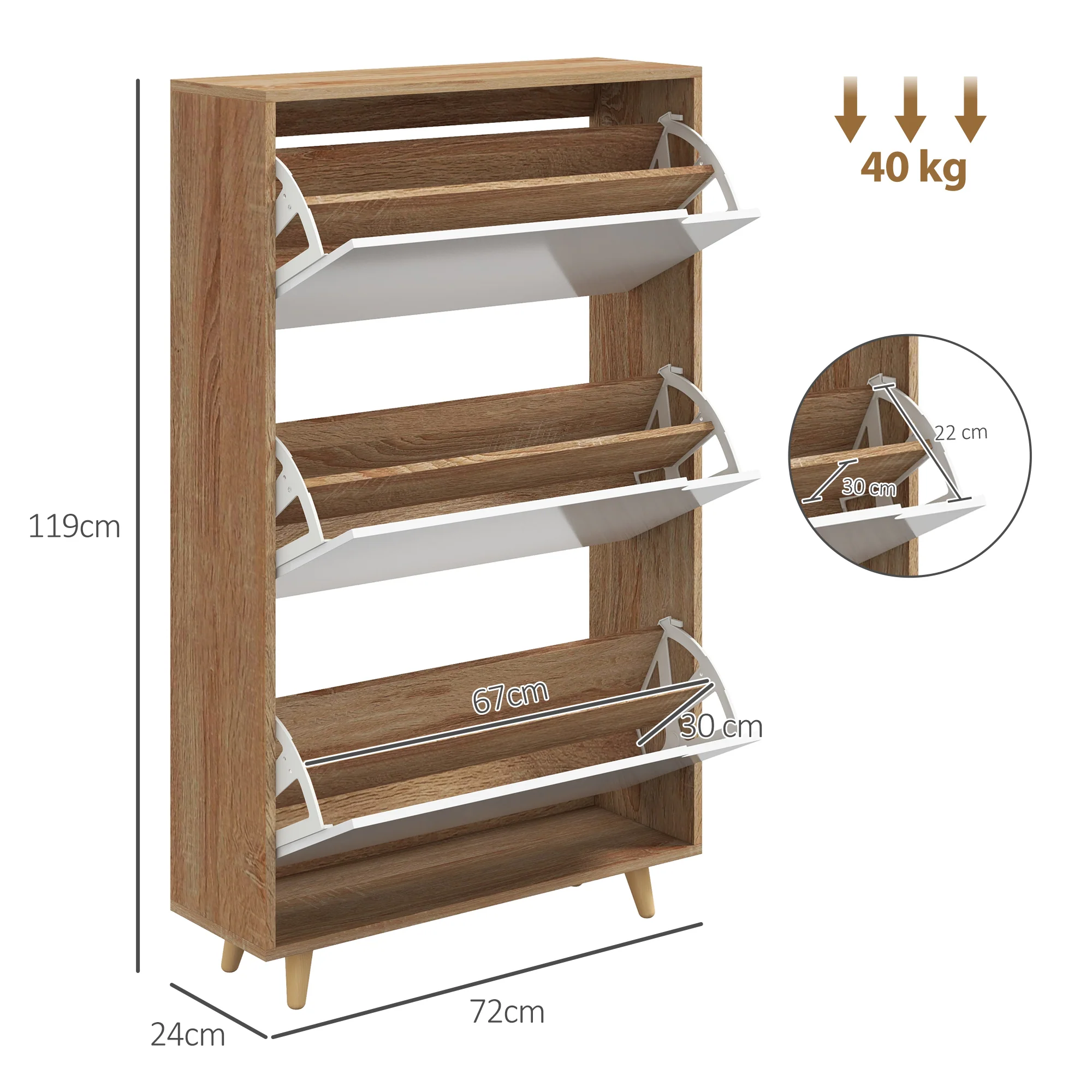 Meuble à chaussures 3 abattants, armoire à chaussures, avec étagère réglable, 72L x 24l x 119H cm, naturel et blanc - Image 4