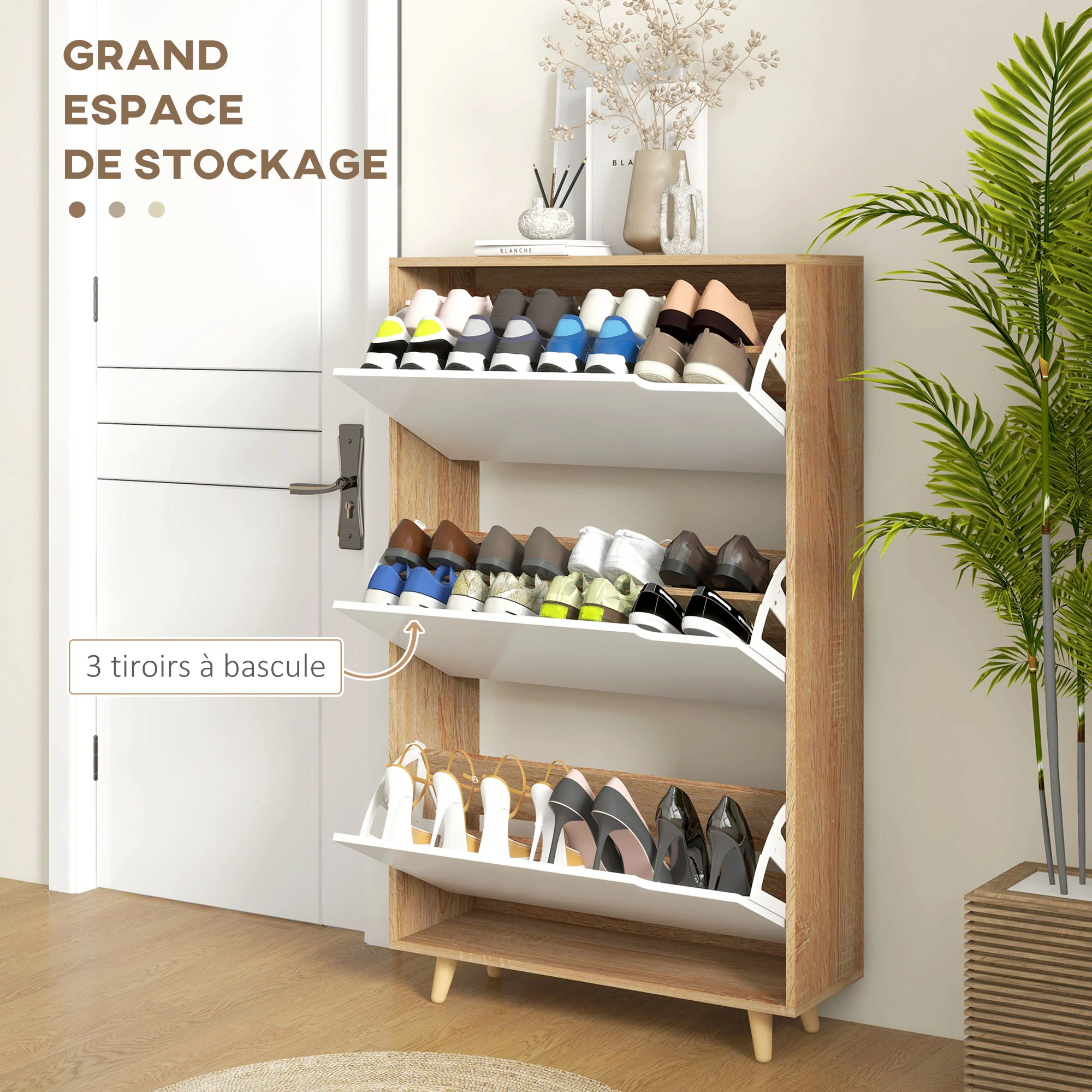 Meuble à chaussures 3 abattants, armoire à chaussures, avec étagère réglable, 72L x 24l x 119H cm, naturel et blanc - Image 5