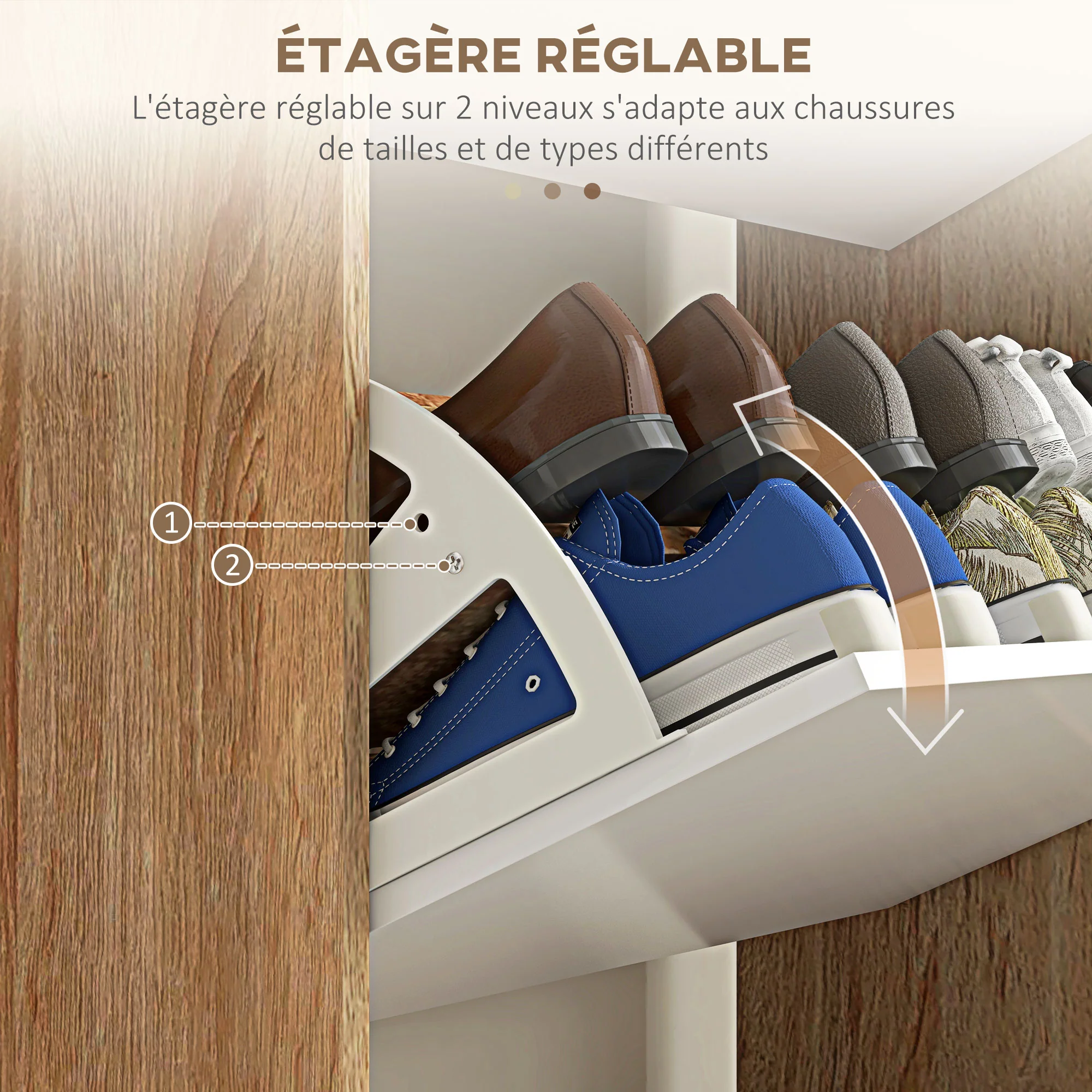 Meuble à chaussures 3 abattants, armoire à chaussures, avec étagère réglable, 72L x 24l x 119H cm, naturel et blanc - Image 6