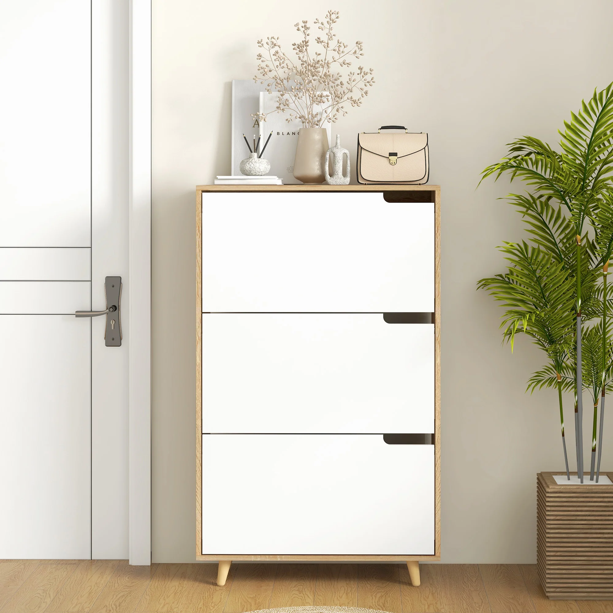 Meuble à chaussures 3 abattants, armoire à chaussures, avec étagère réglable, 72L x 24l x 119H cm, naturel et blanc - Image 9
