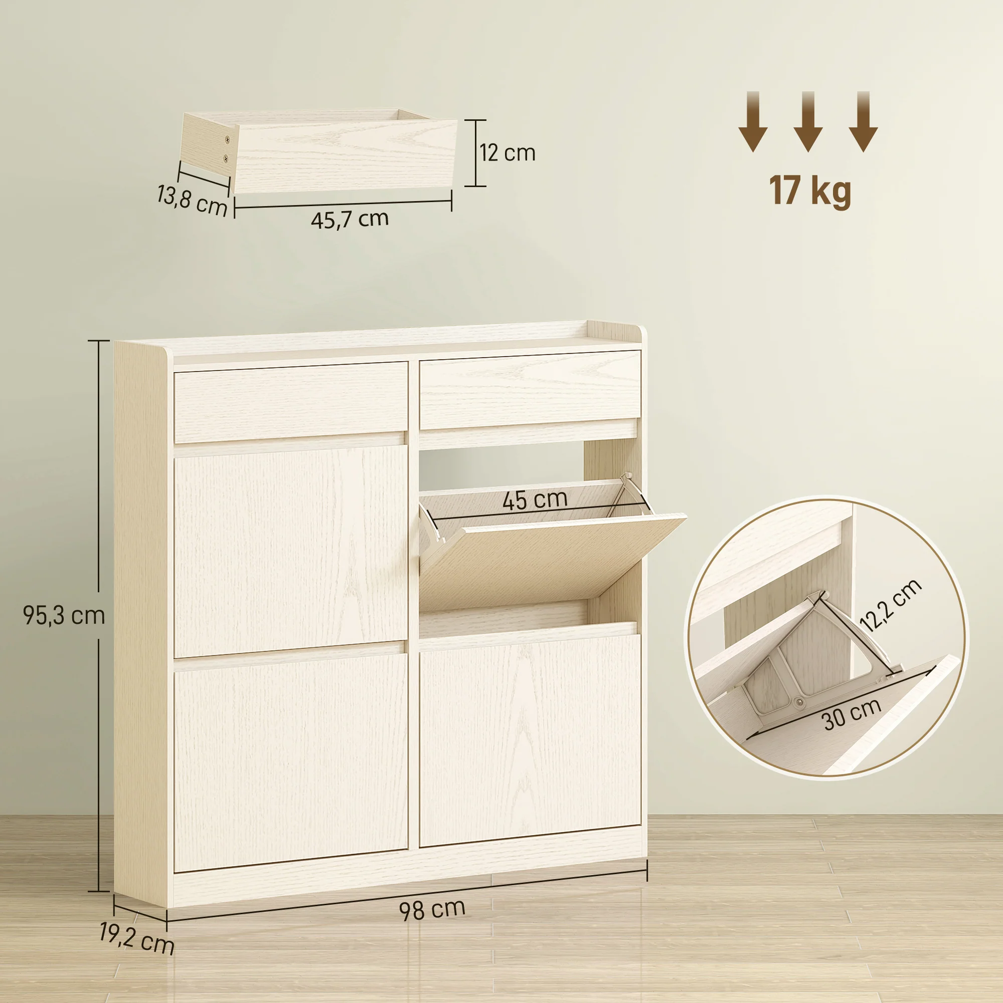 Meuble à chaussures 8 paires, armoire à chaussures étroite, meuble d'entrée avec 2 tiroirs coulissants et 4 tiroirs rabattables, pour couloir et entrée, 98 x 19,2 x 95,3 cm, blanc - Image 4