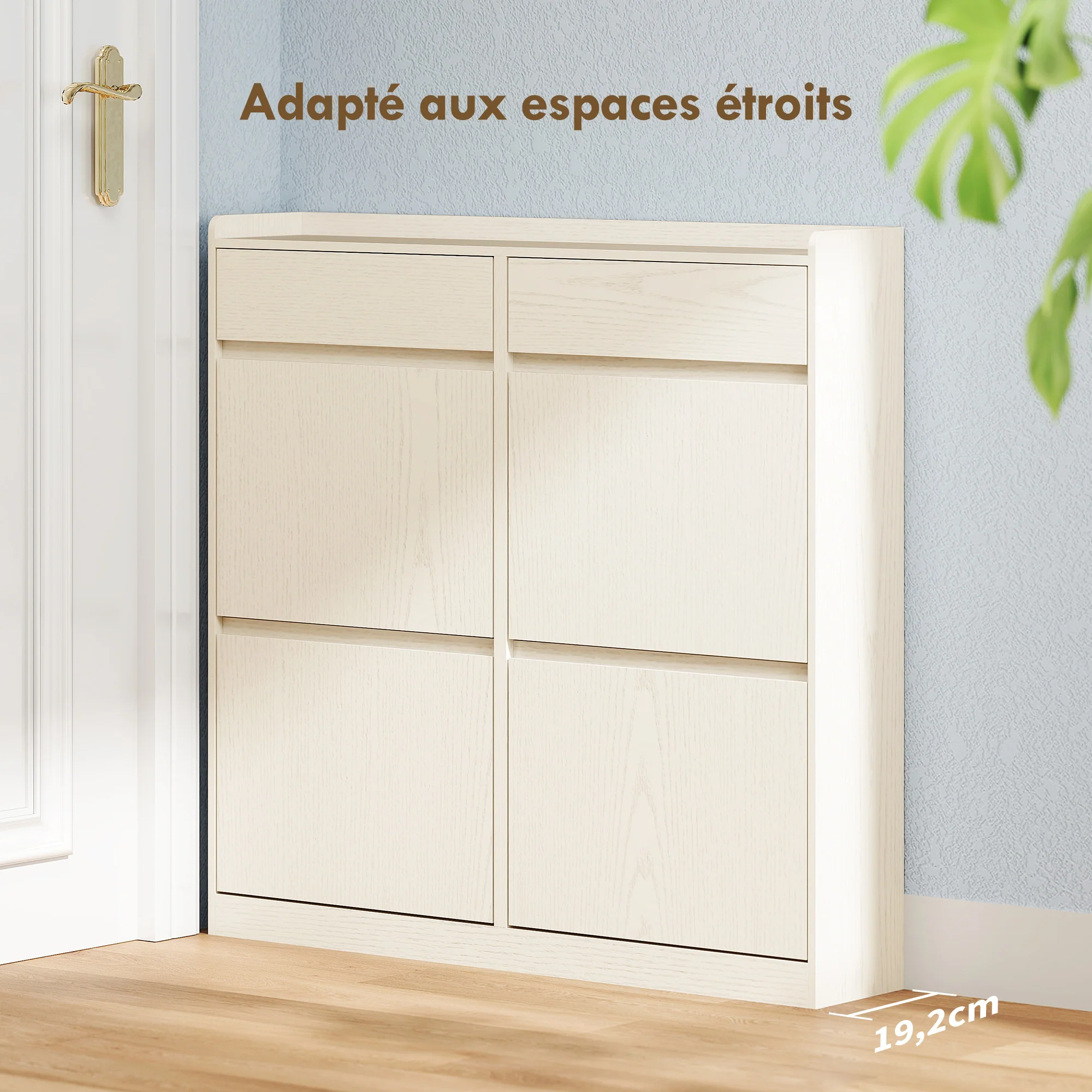 Meuble à chaussures 8 paires, armoire à chaussures étroite, meuble d'entrée avec 2 tiroirs coulissants et 4 tiroirs rabattables, pour couloir et entrée, 98 x 19,2 x 95,3 cm, blanc - Image 5