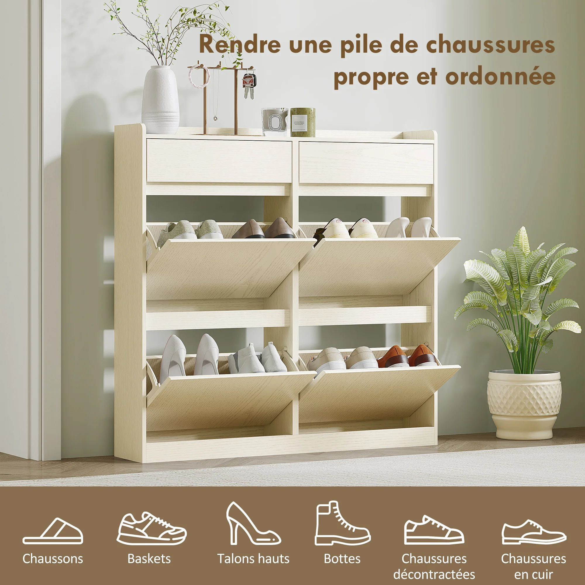 Meuble à chaussures 8 paires, armoire à chaussures étroite, meuble d'entrée avec 2 tiroirs coulissants et 4 tiroirs rabattables, pour couloir et entrée, 98 x 19,2 x 95,3 cm, blanc - Image 6