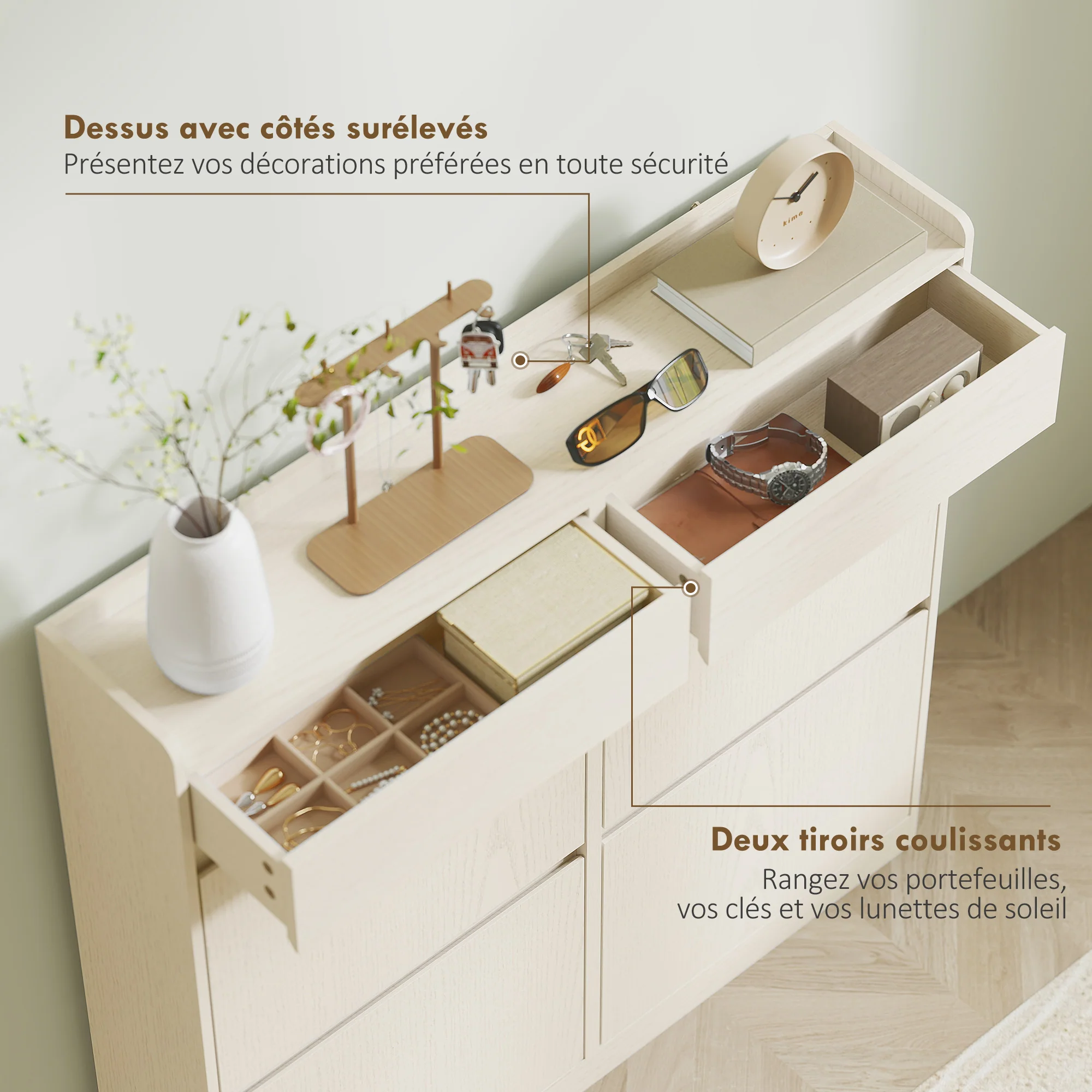 Meuble à chaussures 8 paires, armoire à chaussures étroite, meuble d'entrée avec 2 tiroirs coulissants et 4 tiroirs rabattables, pour couloir et entrée, 98 x 19,2 x 95,3 cm, blanc - Image 7