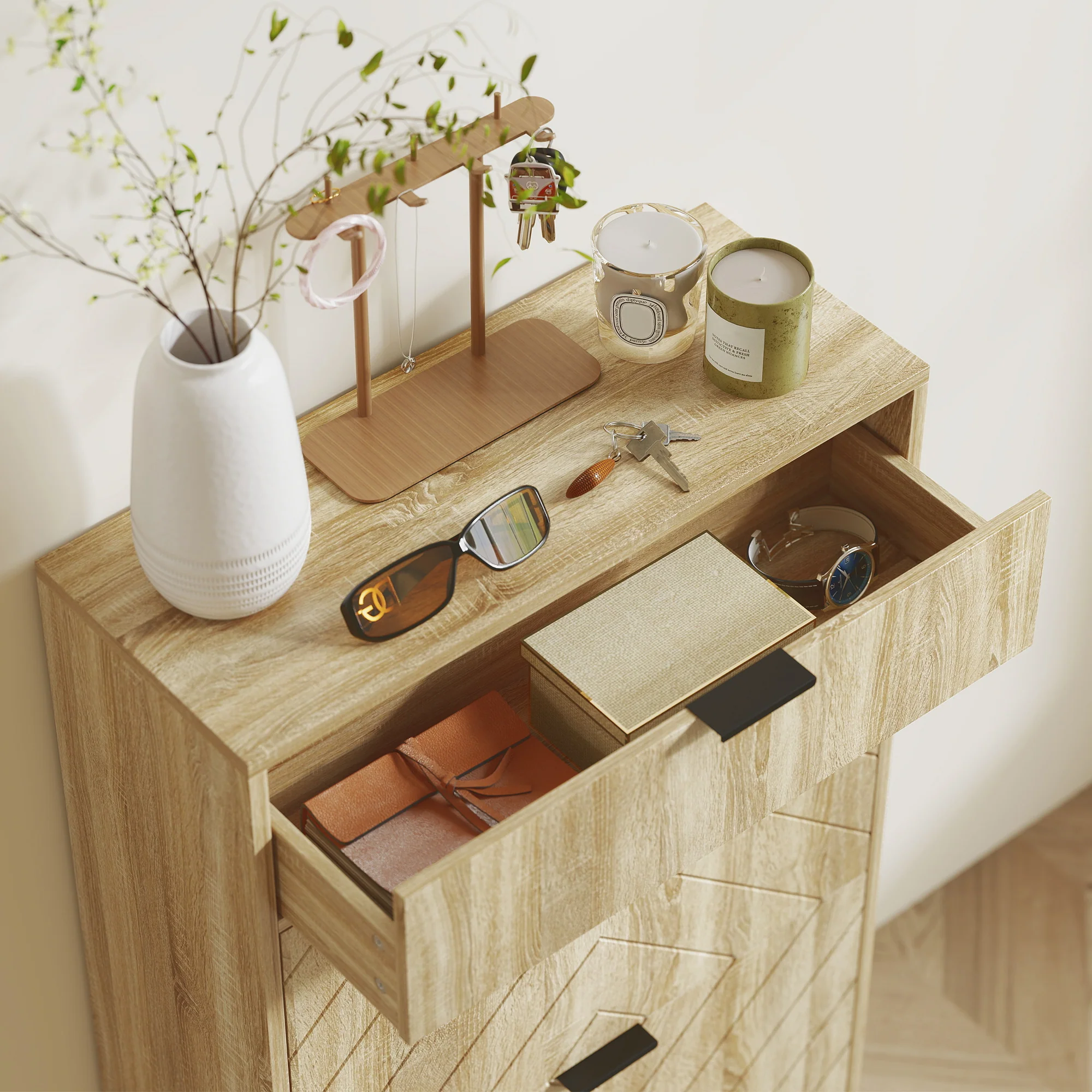 Meuble à chaussures 8 paires, armoire à chaussures étroite, meuble d'entrée avec tiroir coulissant, 2 tiroirs rabattables et étagères réglables, pour couloir et entrée, 60x24x105,5cm, chêne - Image 10