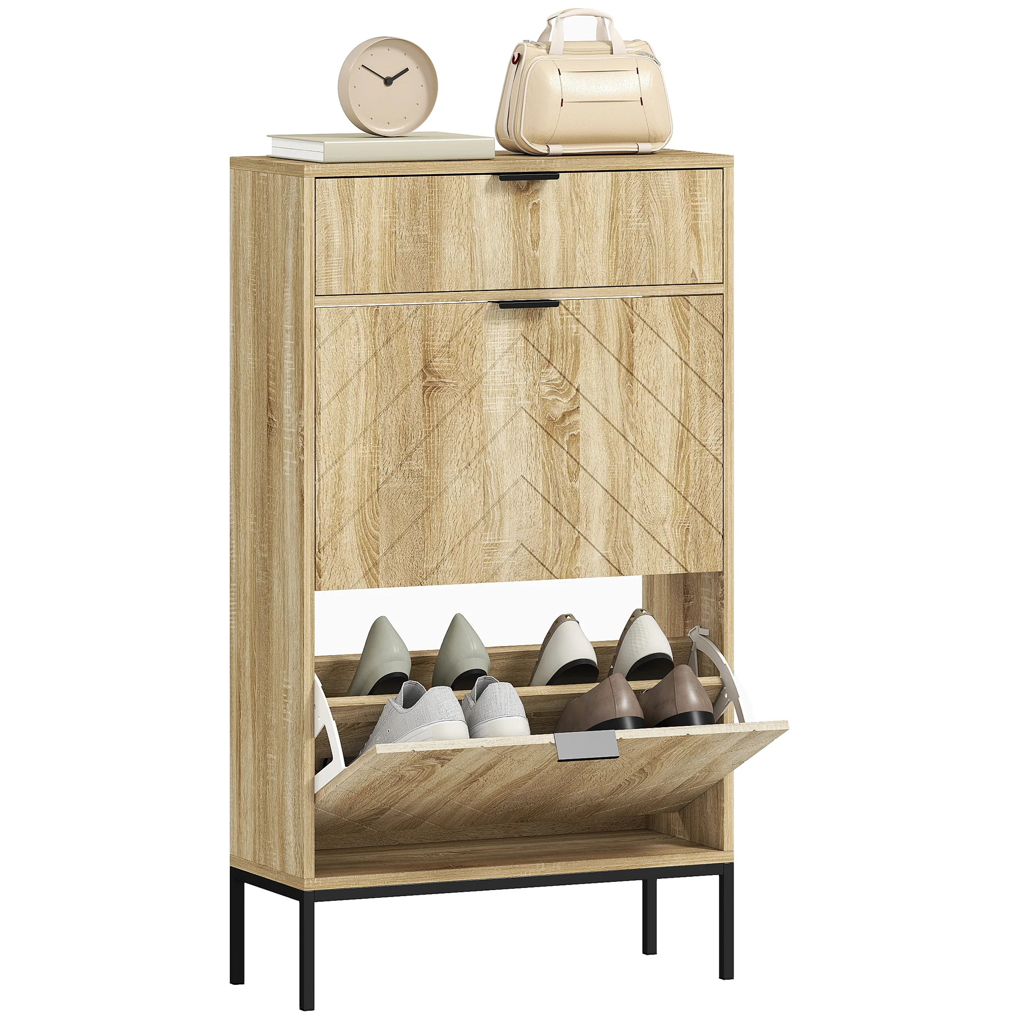 Meuble à chaussures 8 paires, armoire à chaussures étroite, meuble d'entrée avec tiroir coulissant, 2 tiroirs rabattables et étagères réglables, pour couloir et entrée, 60x24x105,5cm, chêne - Image 11