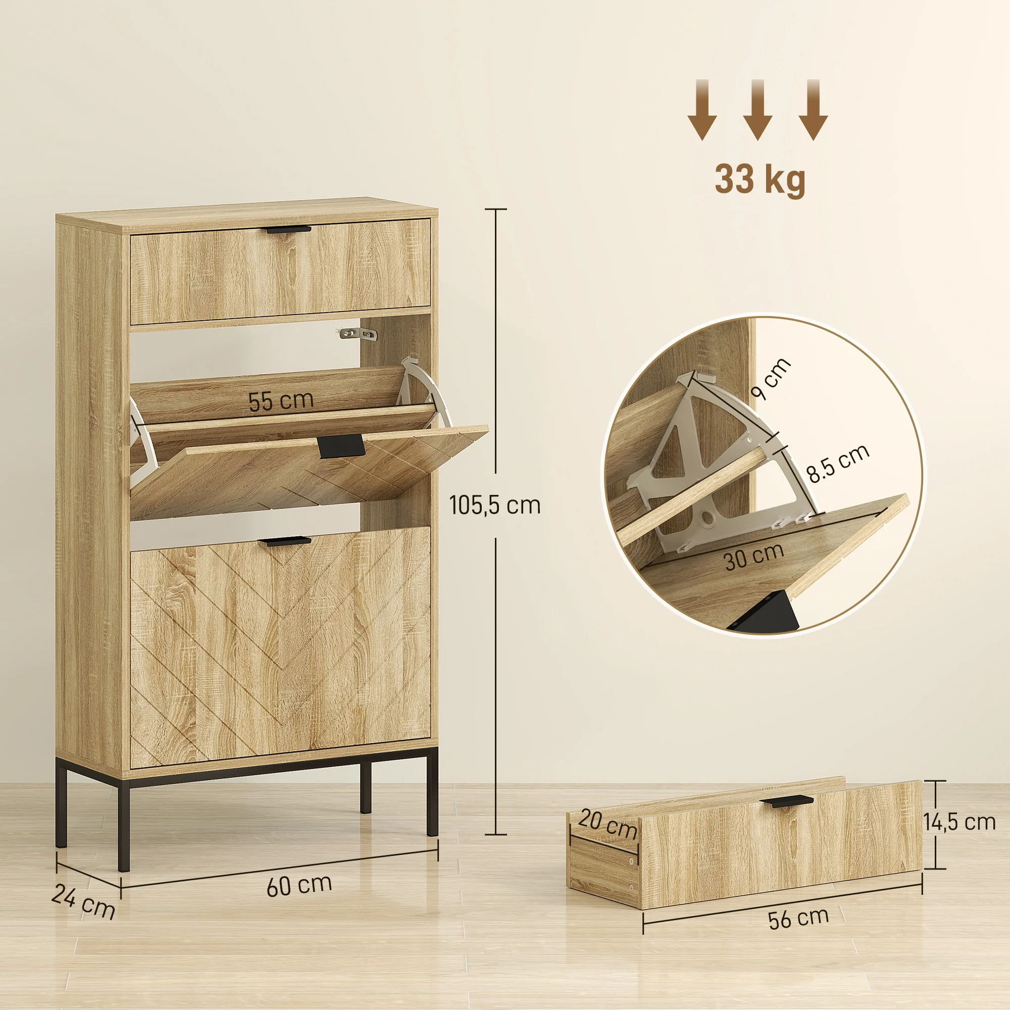 Meuble à chaussures 8 paires, armoire à chaussures étroite, meuble d'entrée avec tiroir coulissant, 2 tiroirs rabattables et étagères réglables, pour couloir et entrée, 60x24x105,5cm, chêne - Image 4