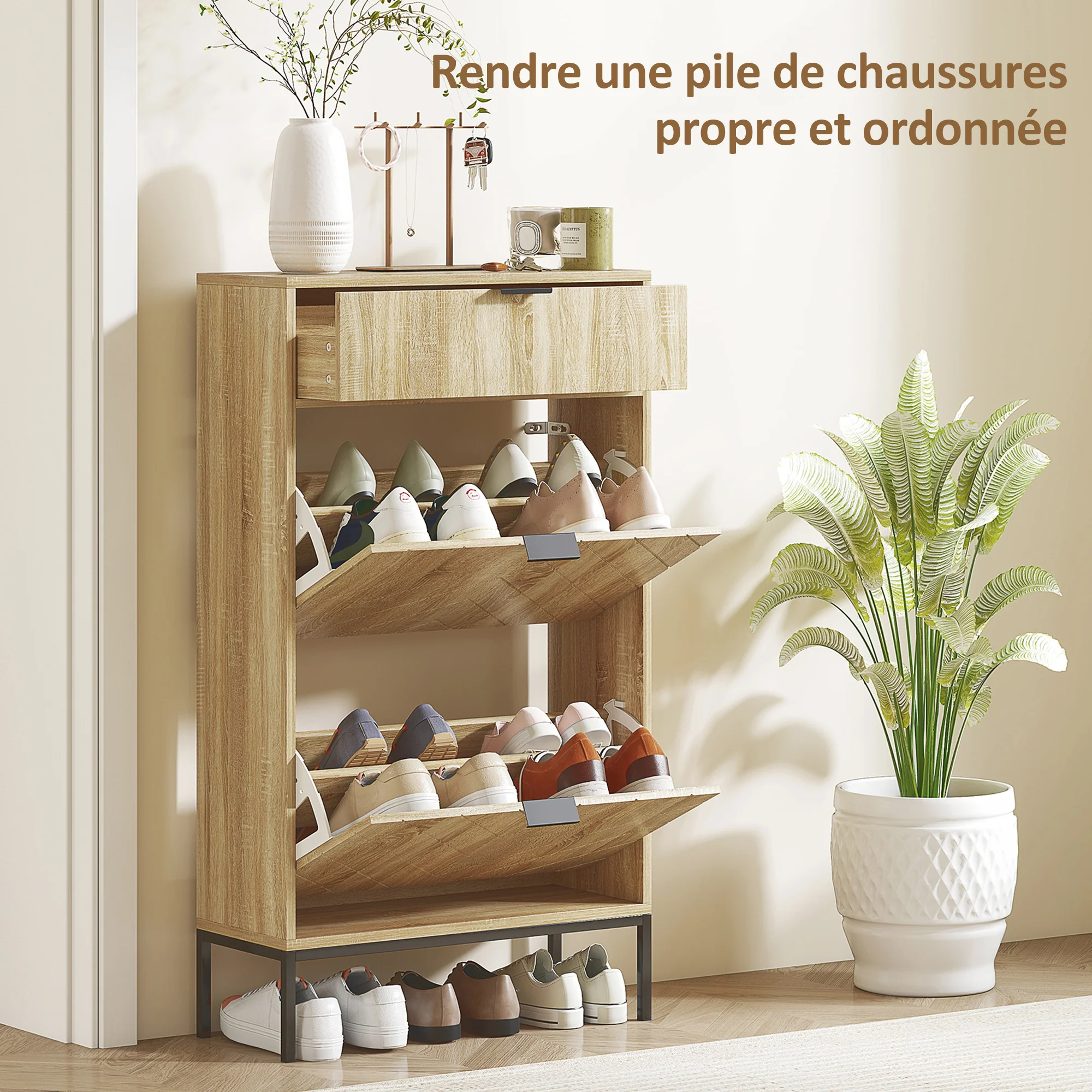 Meuble à chaussures 8 paires, armoire à chaussures étroite, meuble d'entrée avec tiroir coulissant, 2 tiroirs rabattables et étagères réglables, pour couloir et entrée, 60x24x105,5cm, chêne - Image 5