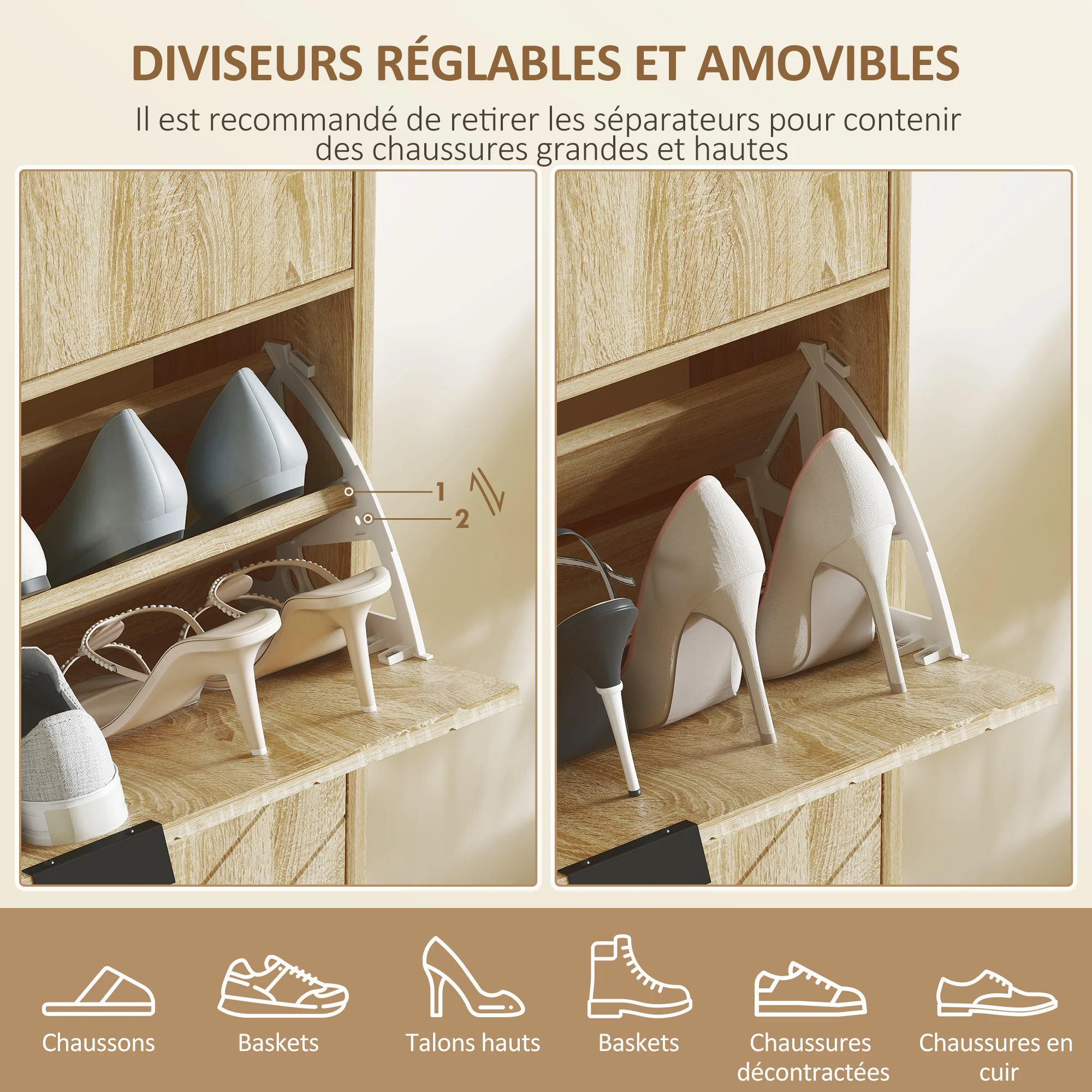 Meuble à chaussures 8 paires, armoire à chaussures étroite, meuble d'entrée avec tiroir coulissant, 2 tiroirs rabattables et étagères réglables, pour couloir et entrée, 60x24x105,5cm, chêne - Image 6