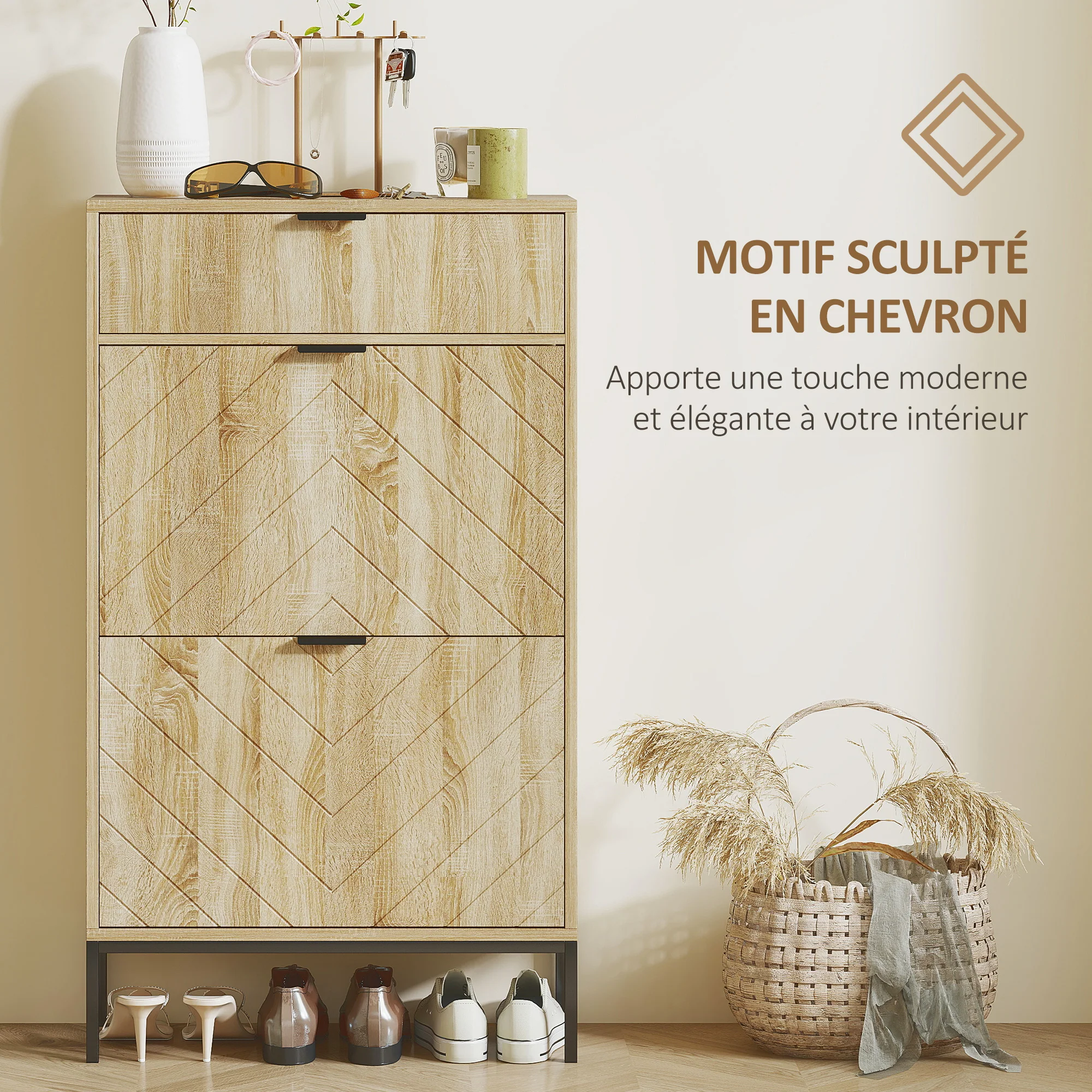 Meuble à chaussures 8 paires, armoire à chaussures étroite, meuble d'entrée avec tiroir coulissant, 2 tiroirs rabattables et étagères réglables, pour couloir et entrée, 60x24x105,5cm, chêne - Image 7