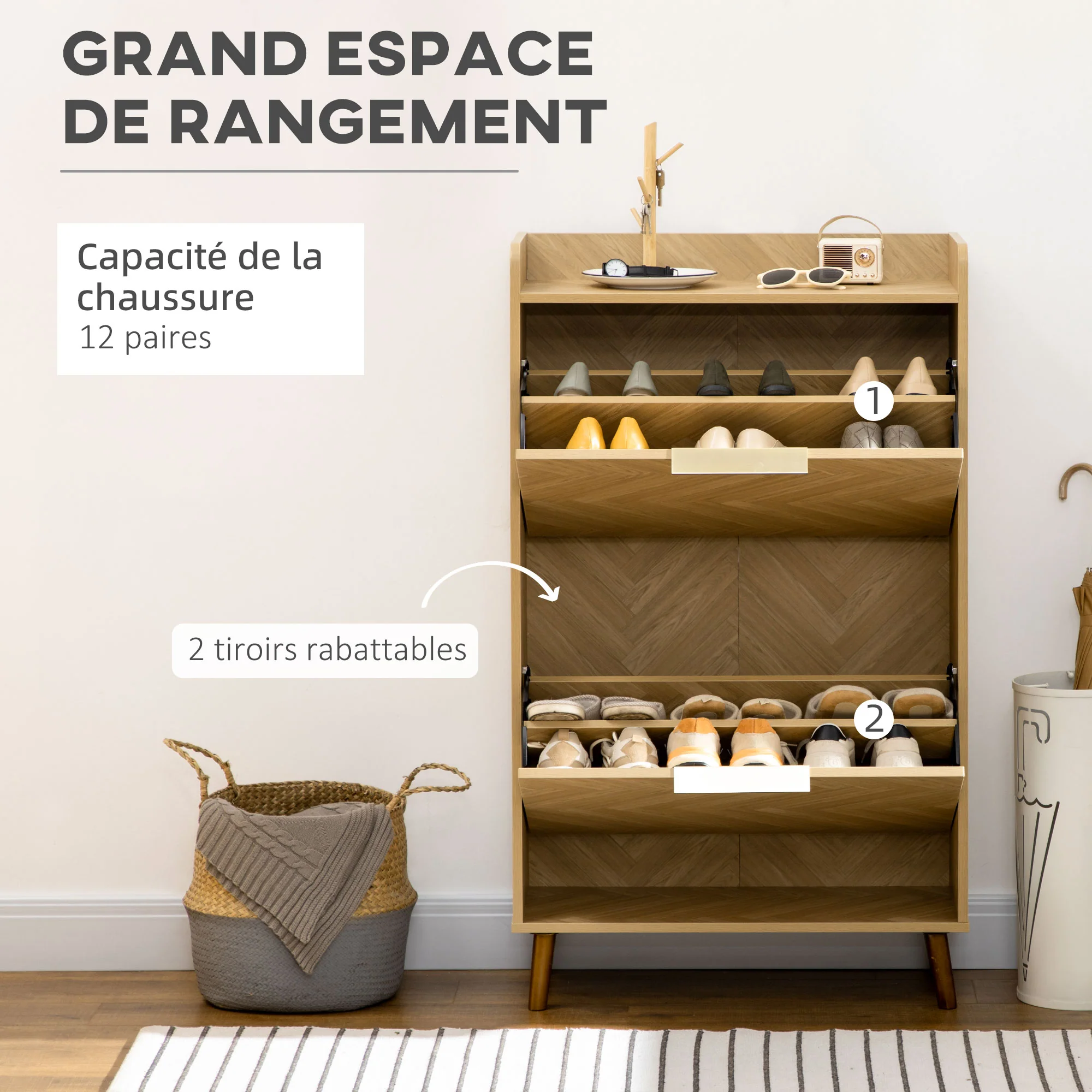 Meuble à chaussures à 2 abattants, étagère à chaussures style vintage, pour petit entrée, salon, chambre, 70 x 30 x 120 cm - Image 5