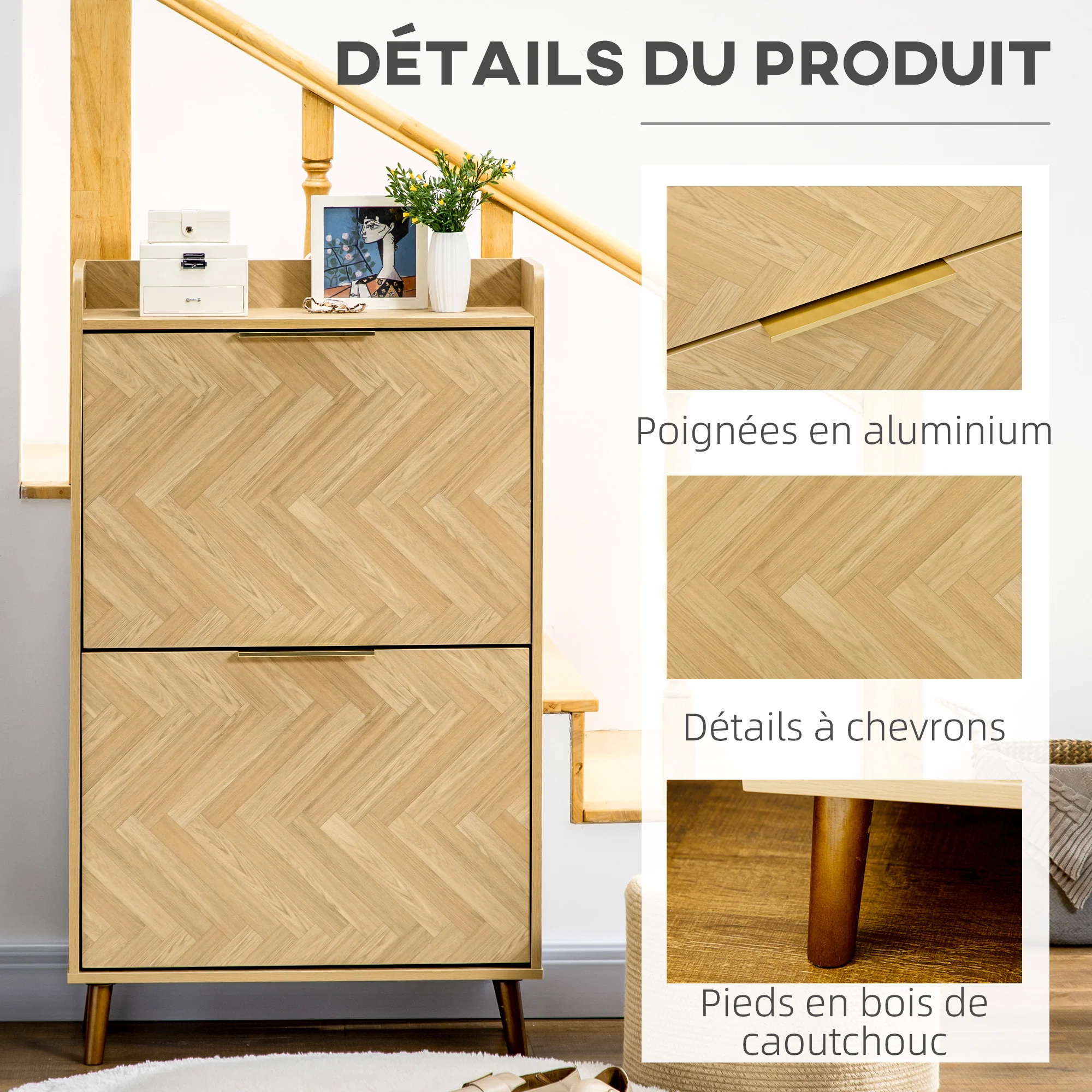 Meuble à chaussures à 2 abattants, étagère à chaussures style vintage, pour petit entrée, salon, chambre, 70 x 30 x 120 cm - Image 7