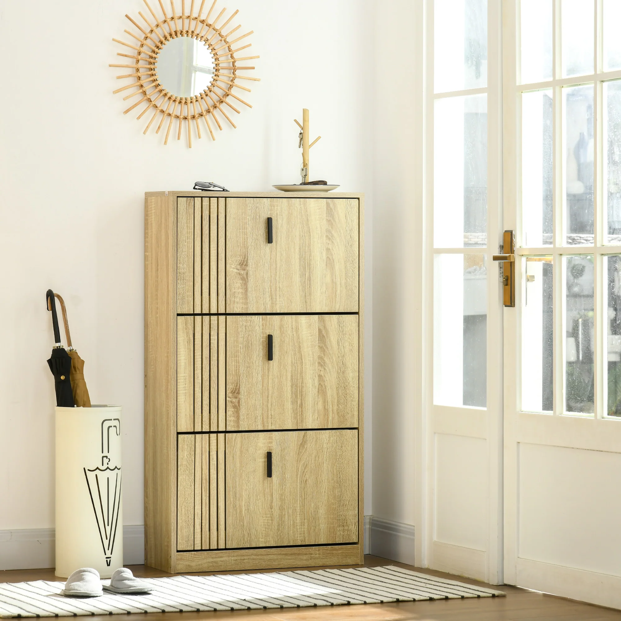 Meuble à chaussures à 3 abattants, 18 paires, armoire à chaussures 3 compartiments, grande capacité pour entrée, couloir, salon, 63 x 24 x 117 cm, chêne - Image 3