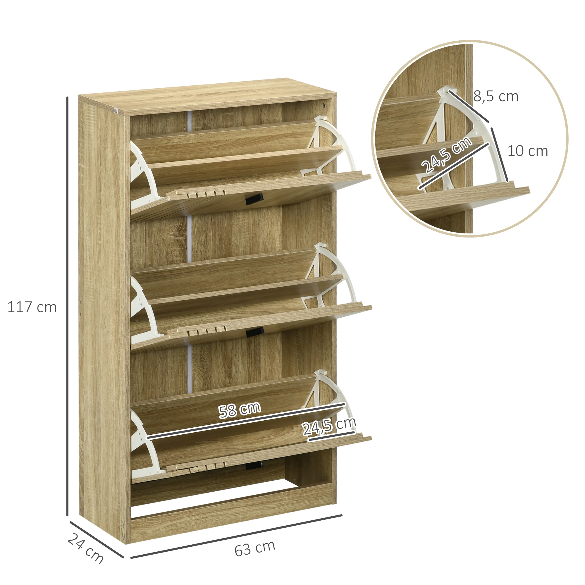Meuble à chaussures à 3 abattants, 18 paires, armoire à chaussures 3 compartiments, grande capacité pour entrée, couloir, salon, 63 x 24 x 117 cm, chêne - Image 4