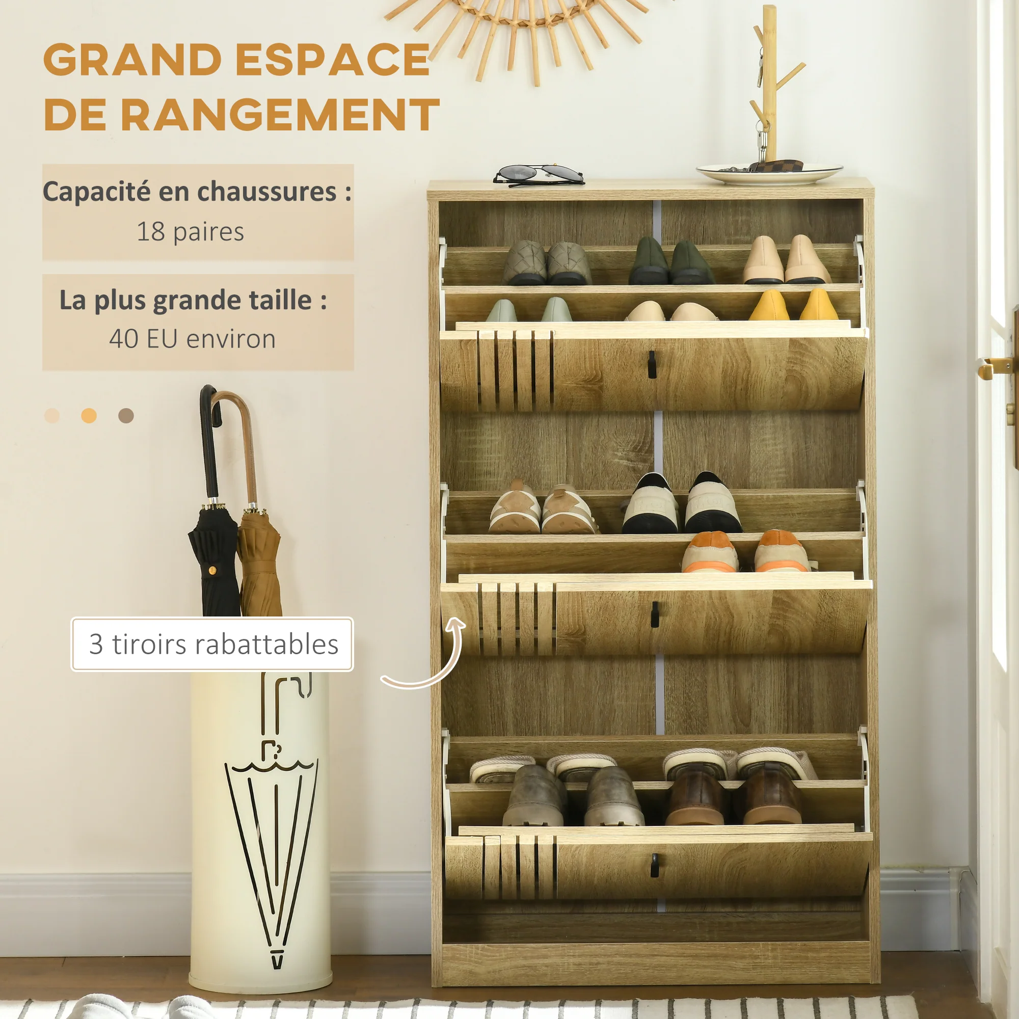 Meuble à chaussures à 3 abattants, 18 paires, armoire à chaussures 3 compartiments, grande capacité pour entrée, couloir, salon, 63 x 24 x 117 cm, chêne - Image 5